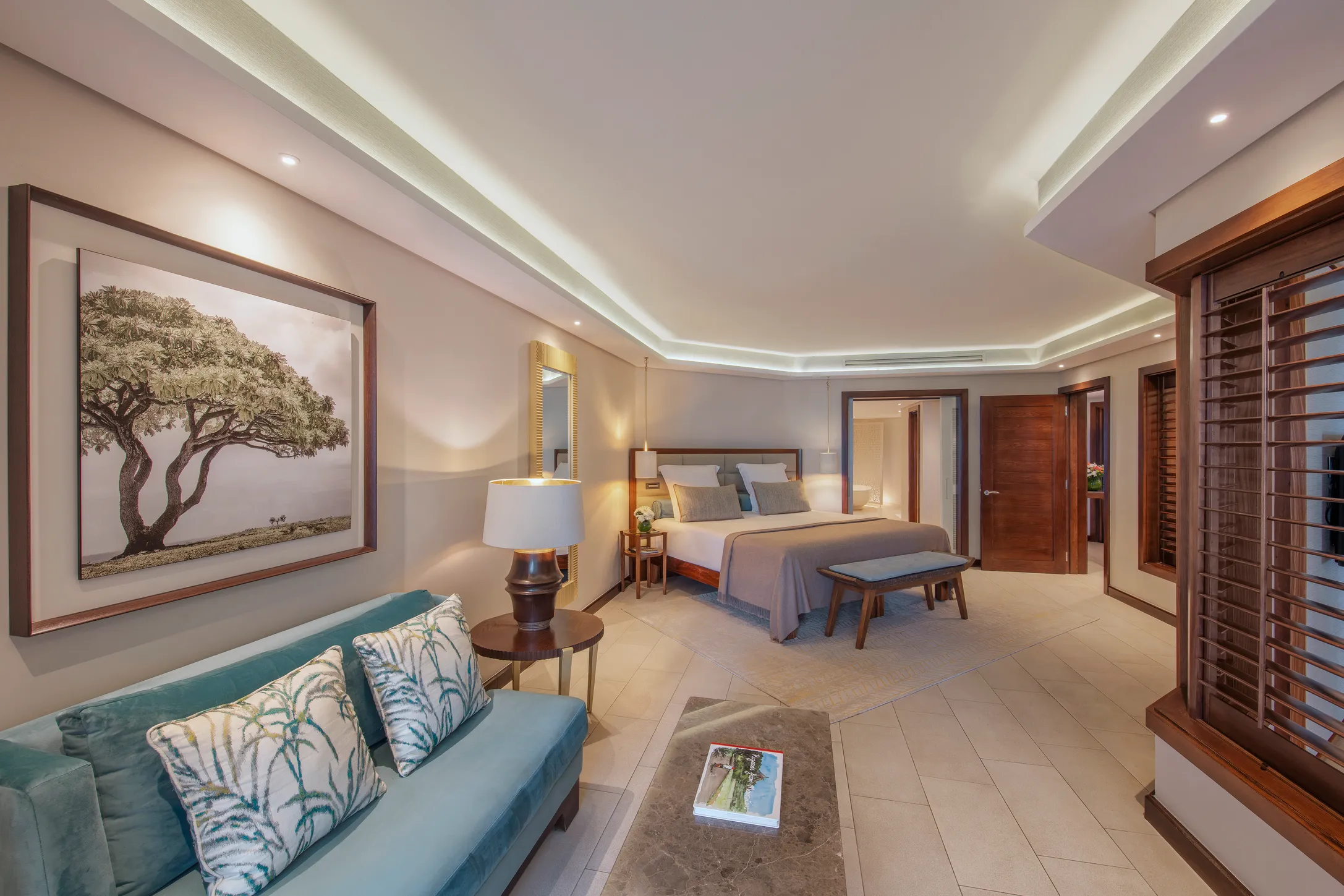 Sitting area of a garden view suite in a Mauritius hotel