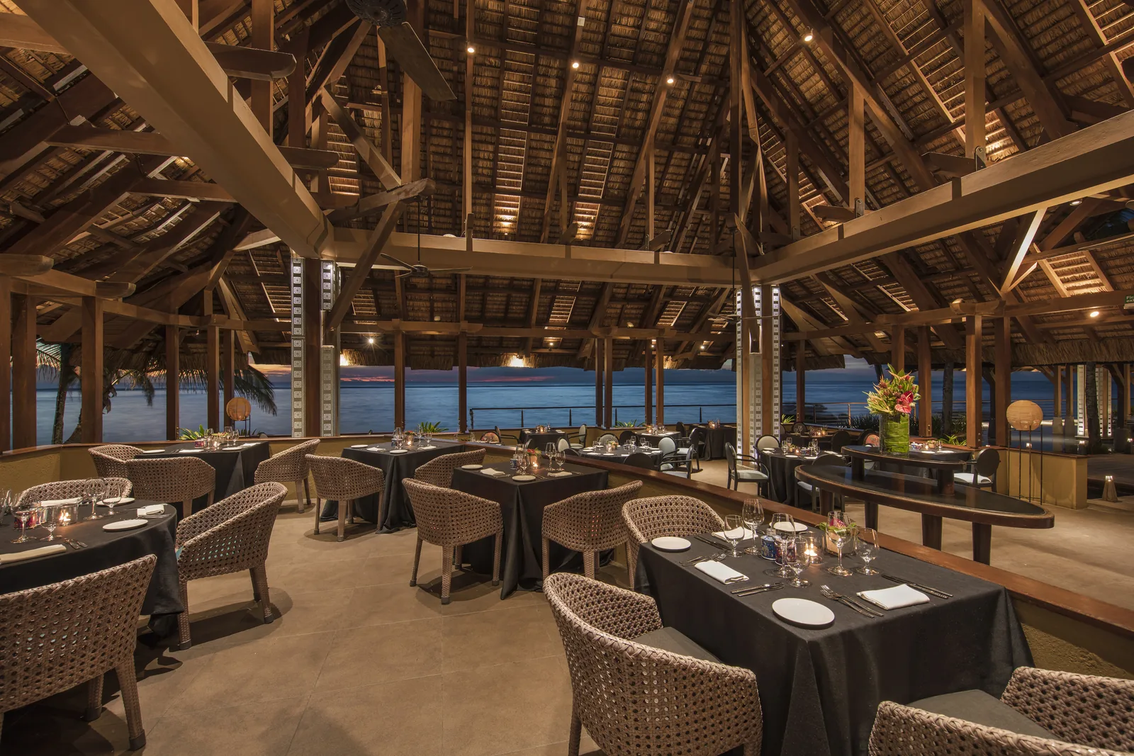 Resort restaurant sea facing at sunset mauritius