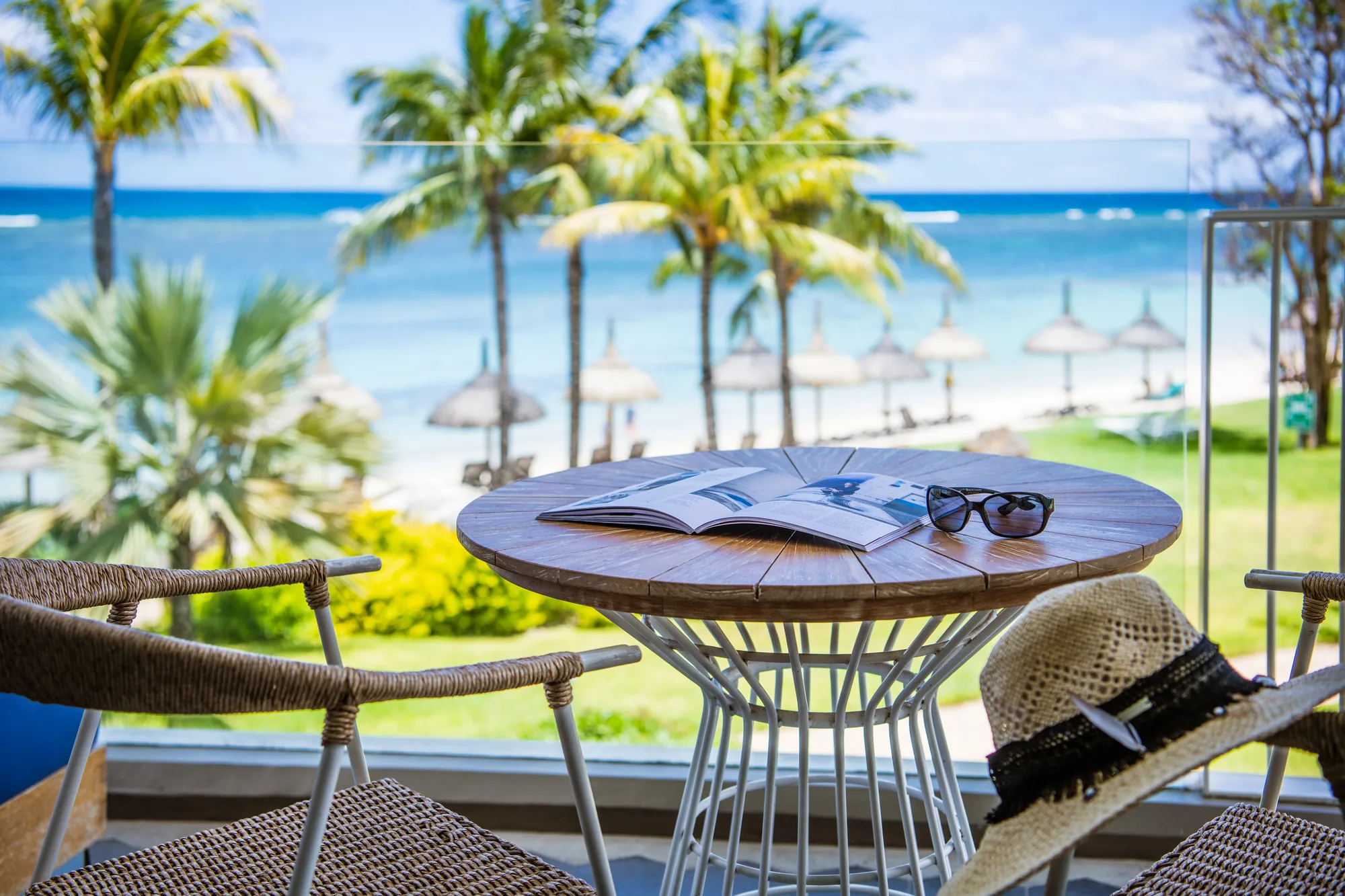 Sitting area of a garden view suite in a Mauritius hotel
