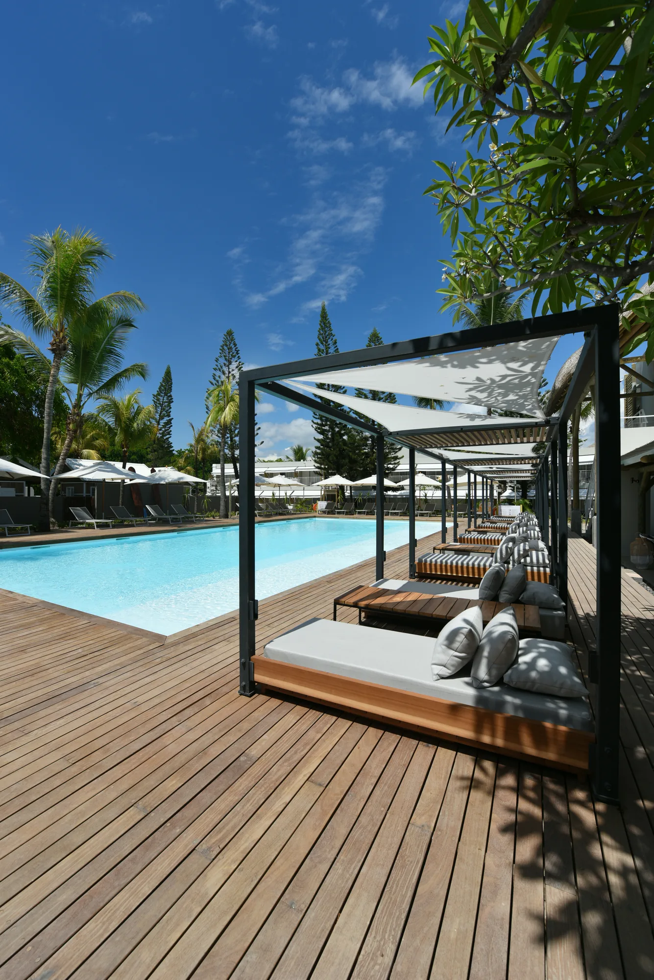 Sitting area of a garden view suite in a Mauritius hotel