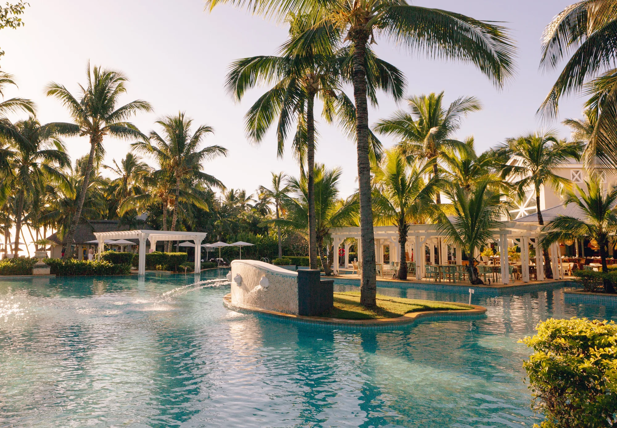 Resort restaurant sea facing at sunset mauritius