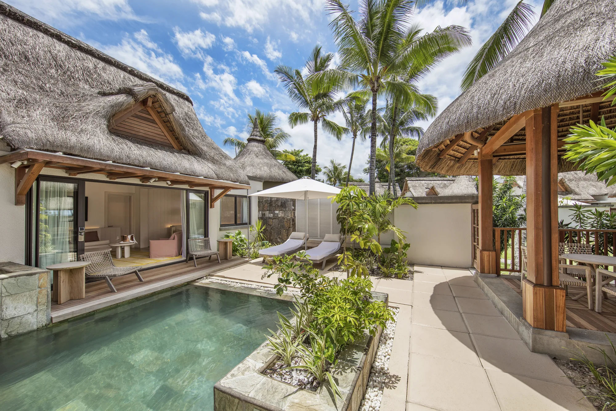 Resort restaurant sea facing at sunset mauritius