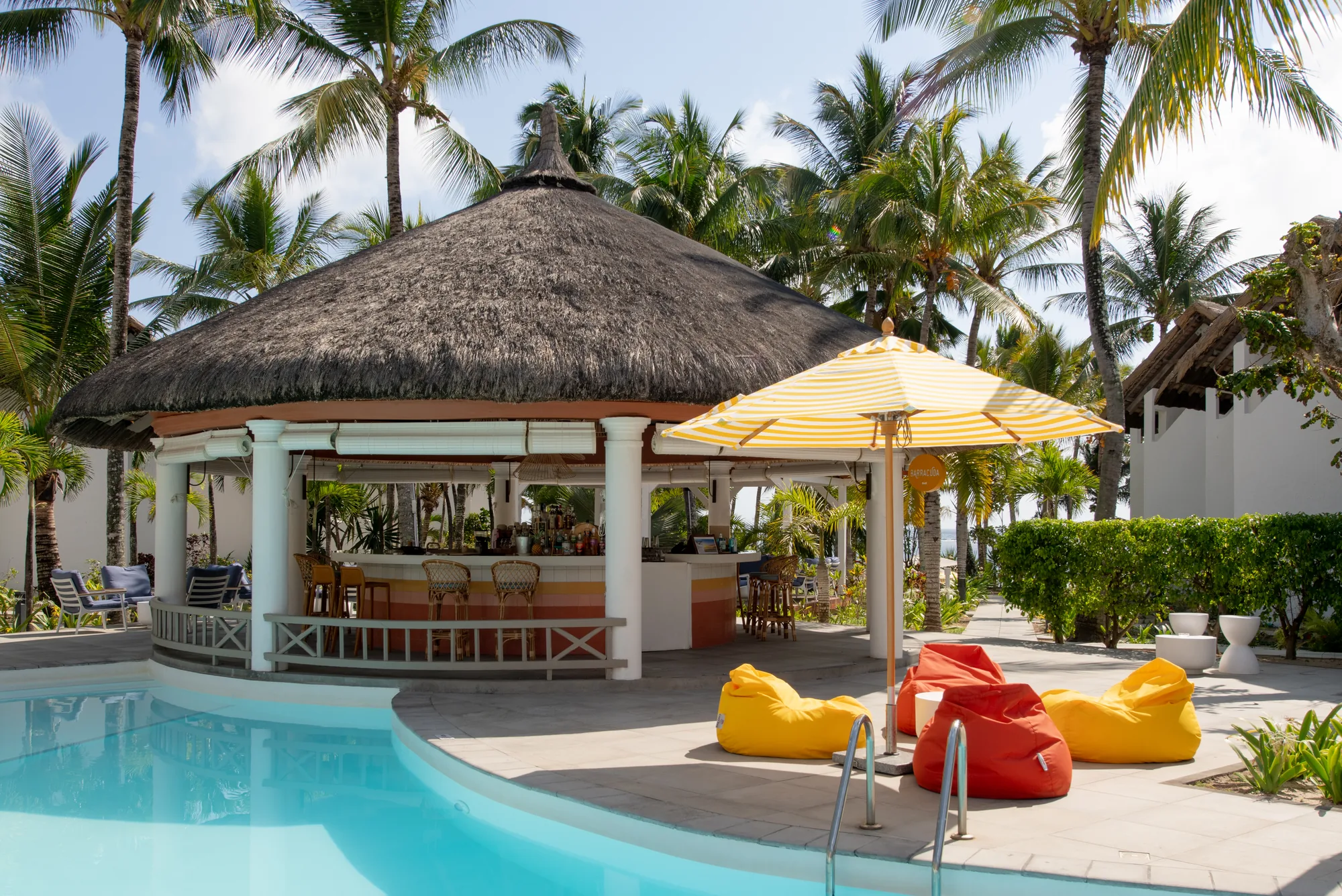 Resort restaurant sea facing at sunset mauritius