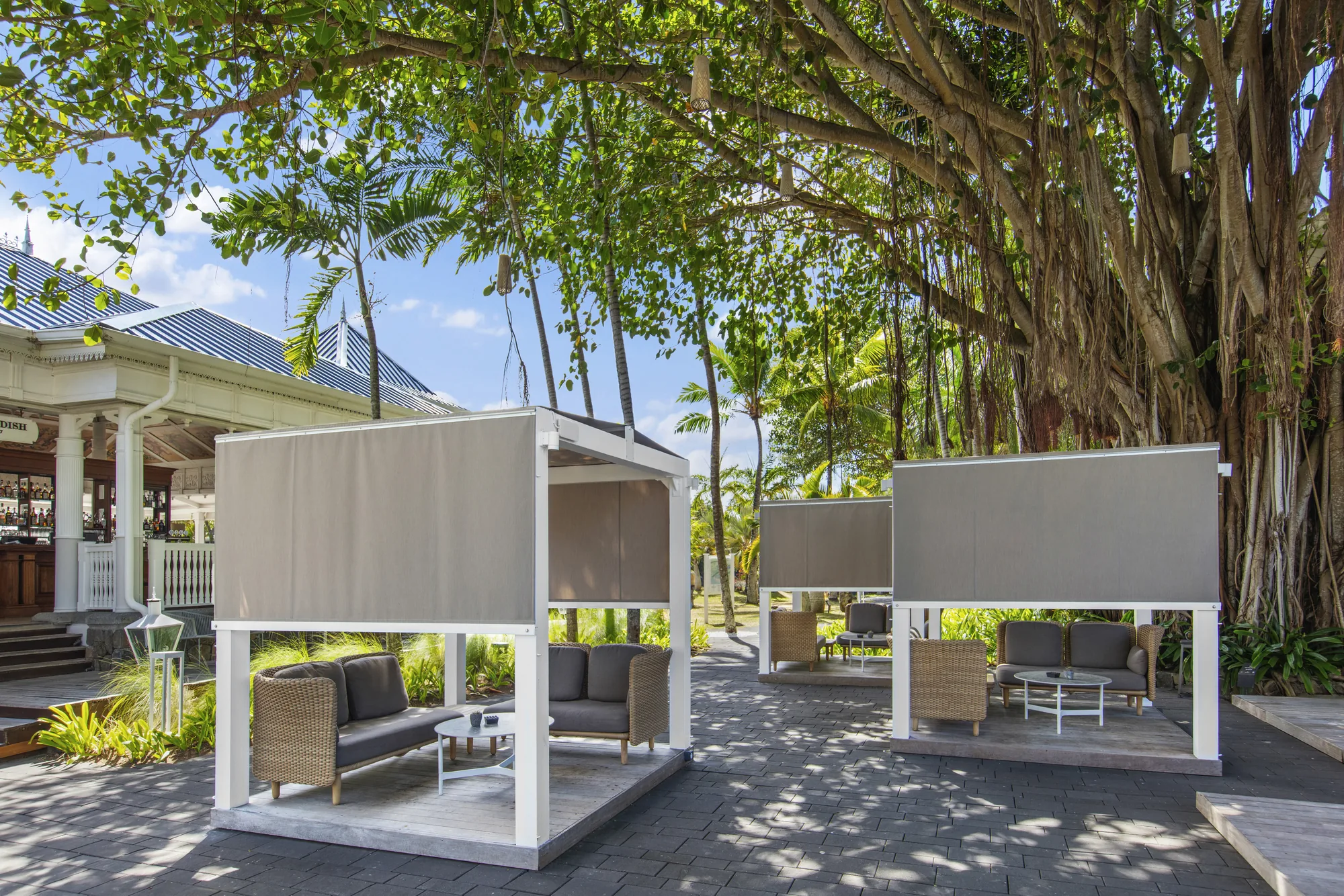 Resort restaurant sea facing at sunset mauritius
