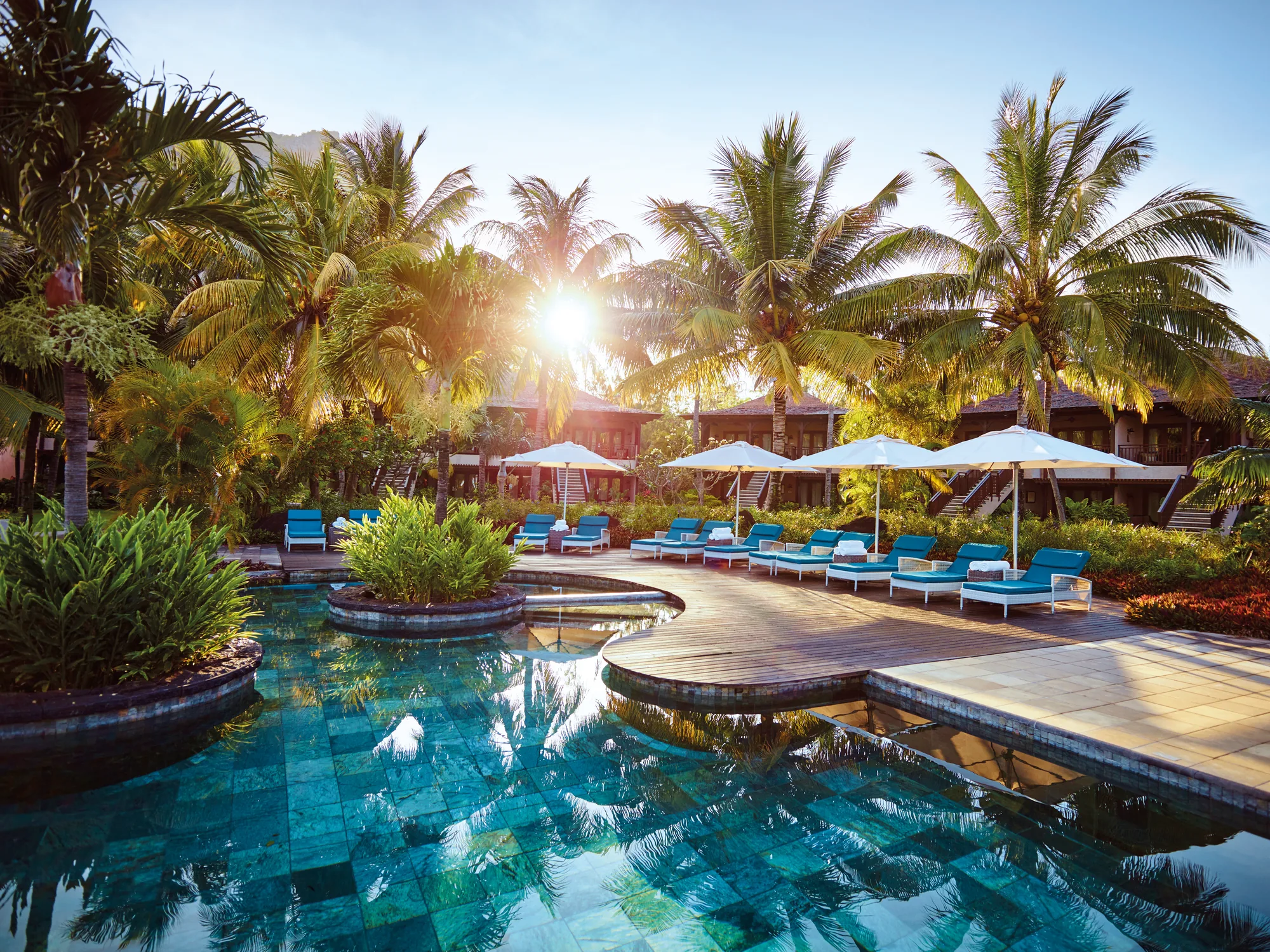 Resort restaurant sea facing at sunset mauritius