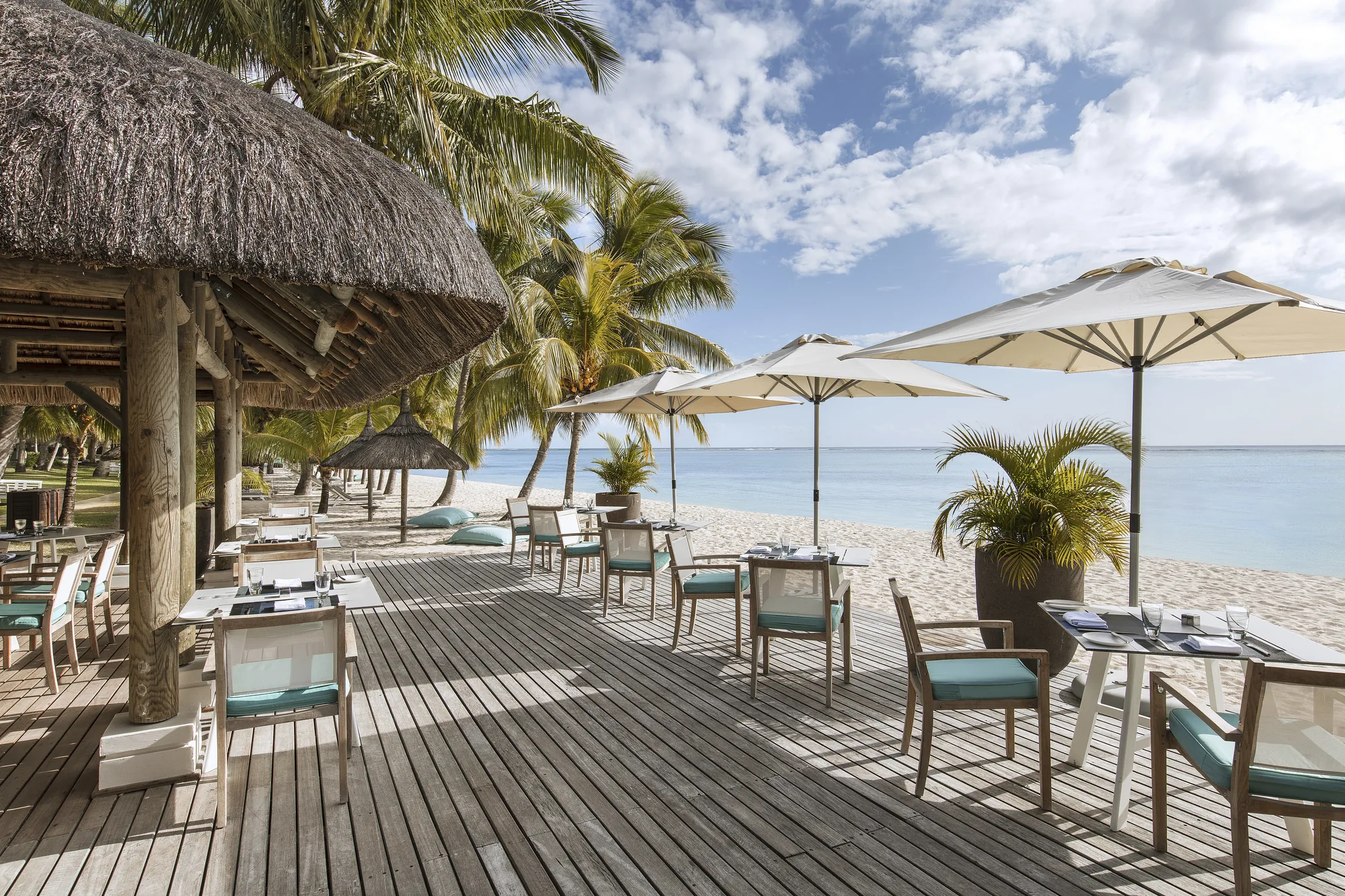 Resort restaurant sea facing at sunset mauritius