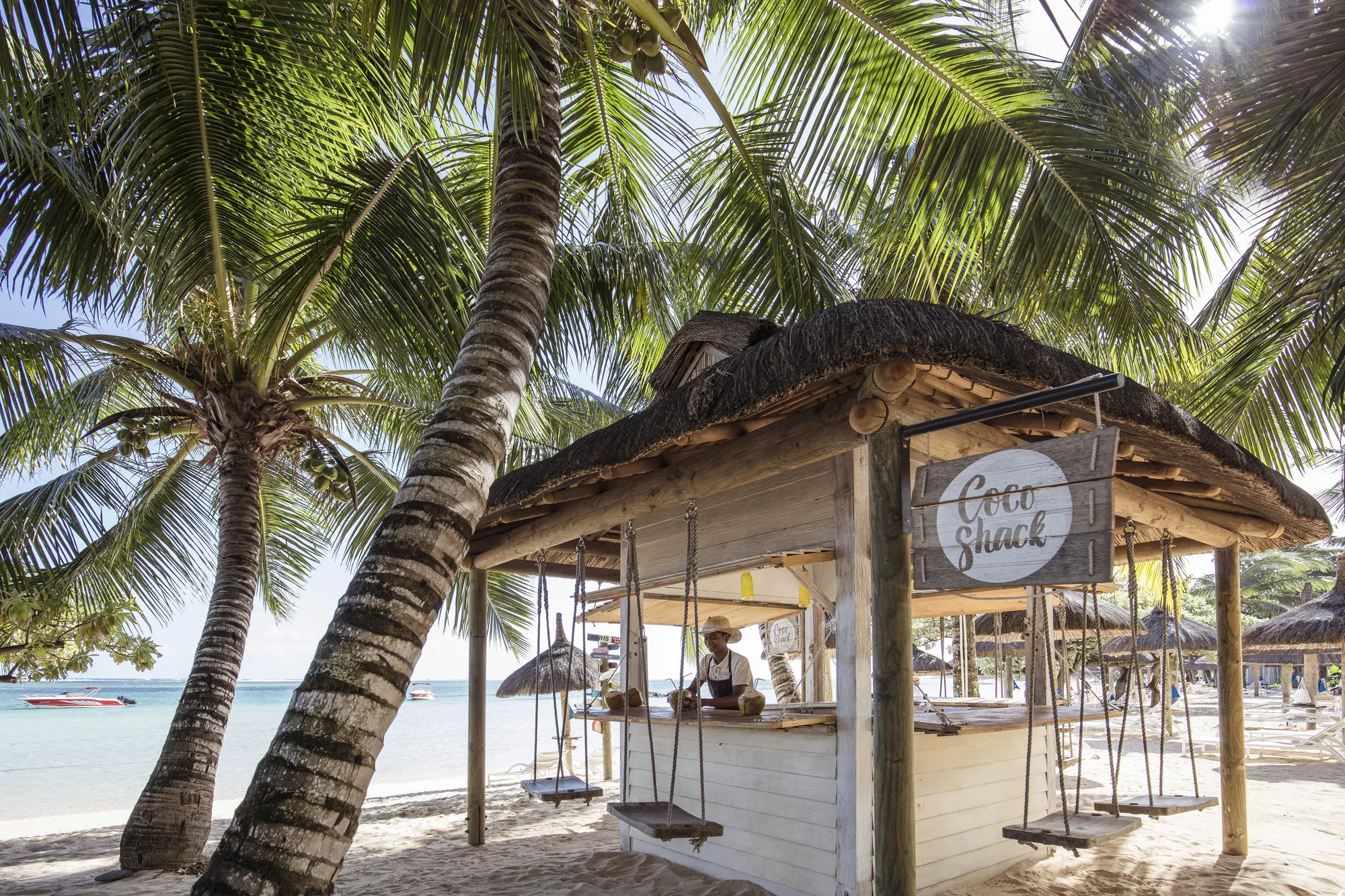 A thatched beach bar with swing seats, under palm trees on the sand