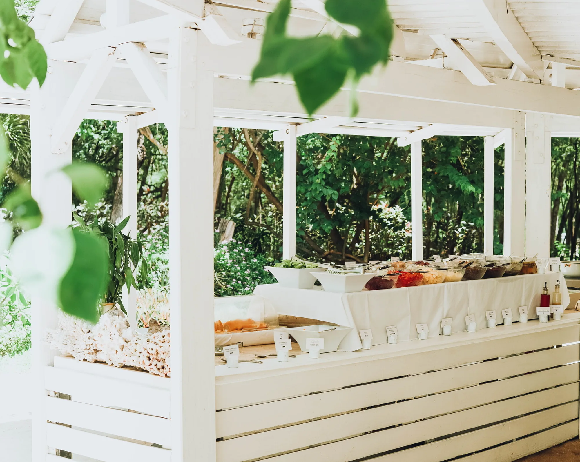A buffet laid out under a white timber pergola