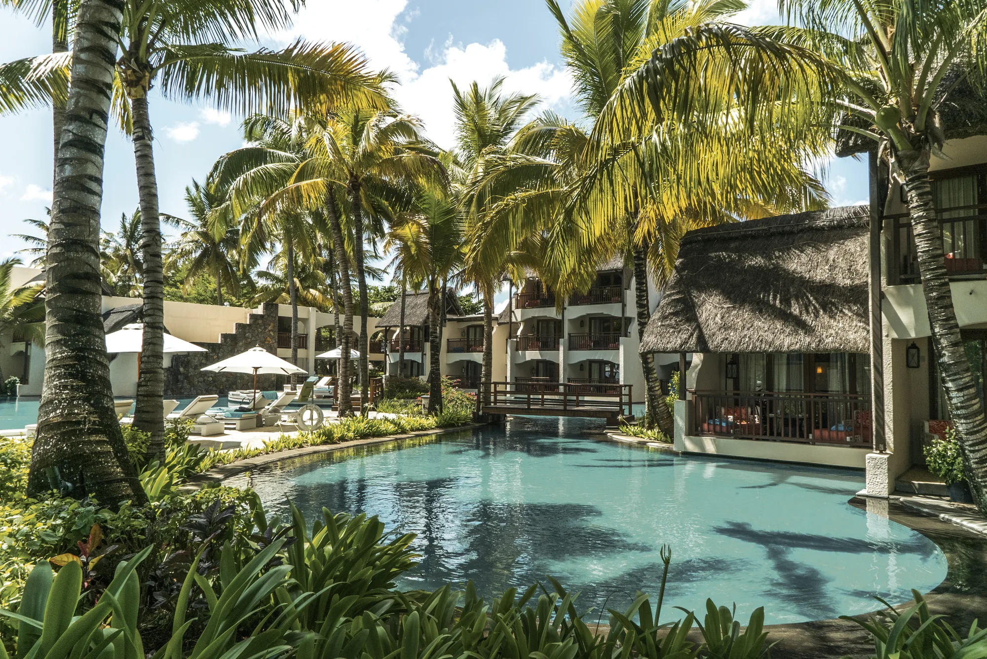 A curving pool in front of thatched buildings, among palm trees