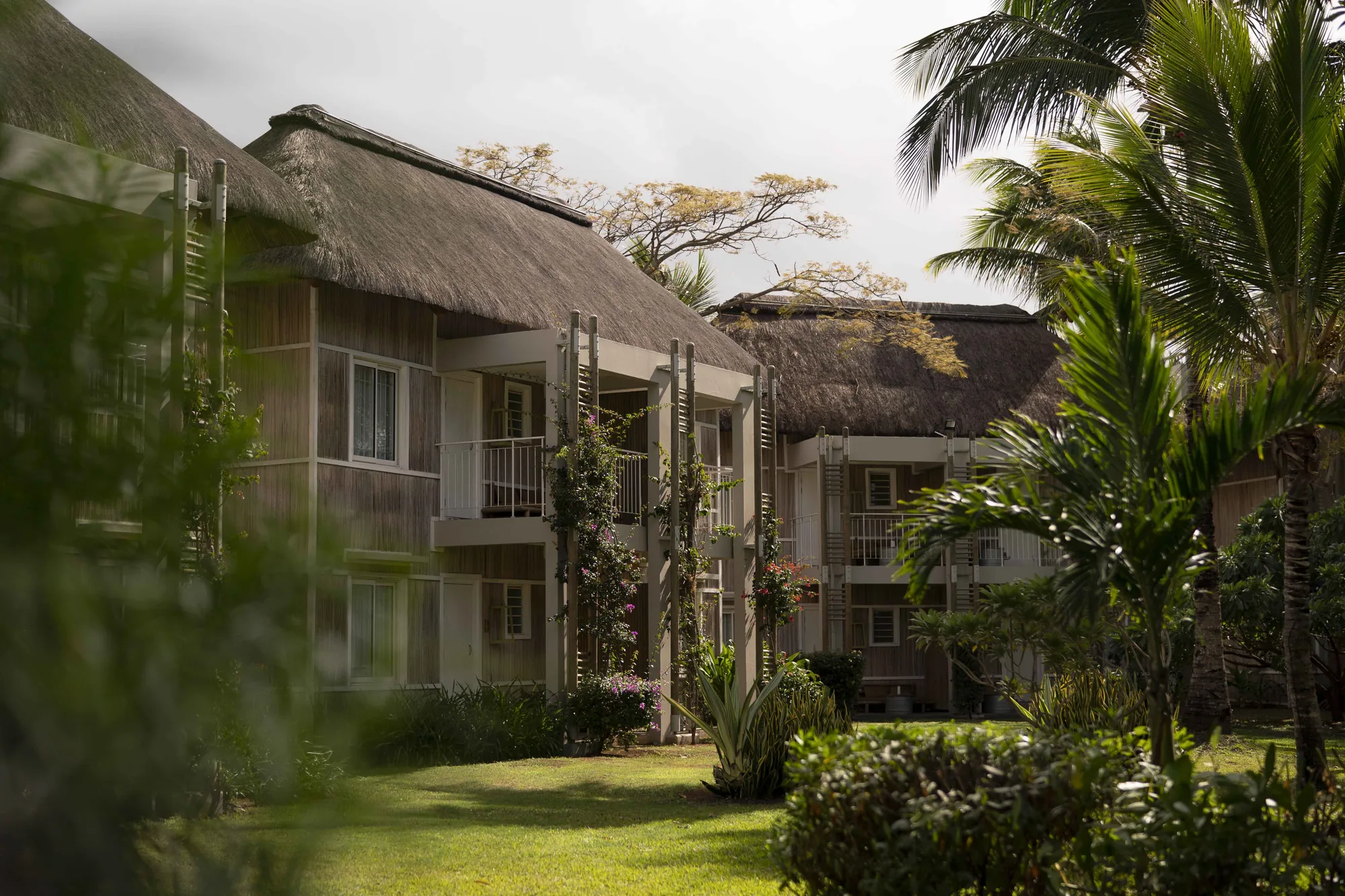 Thatched two-storey accommodation blocks among trees and tropical planting