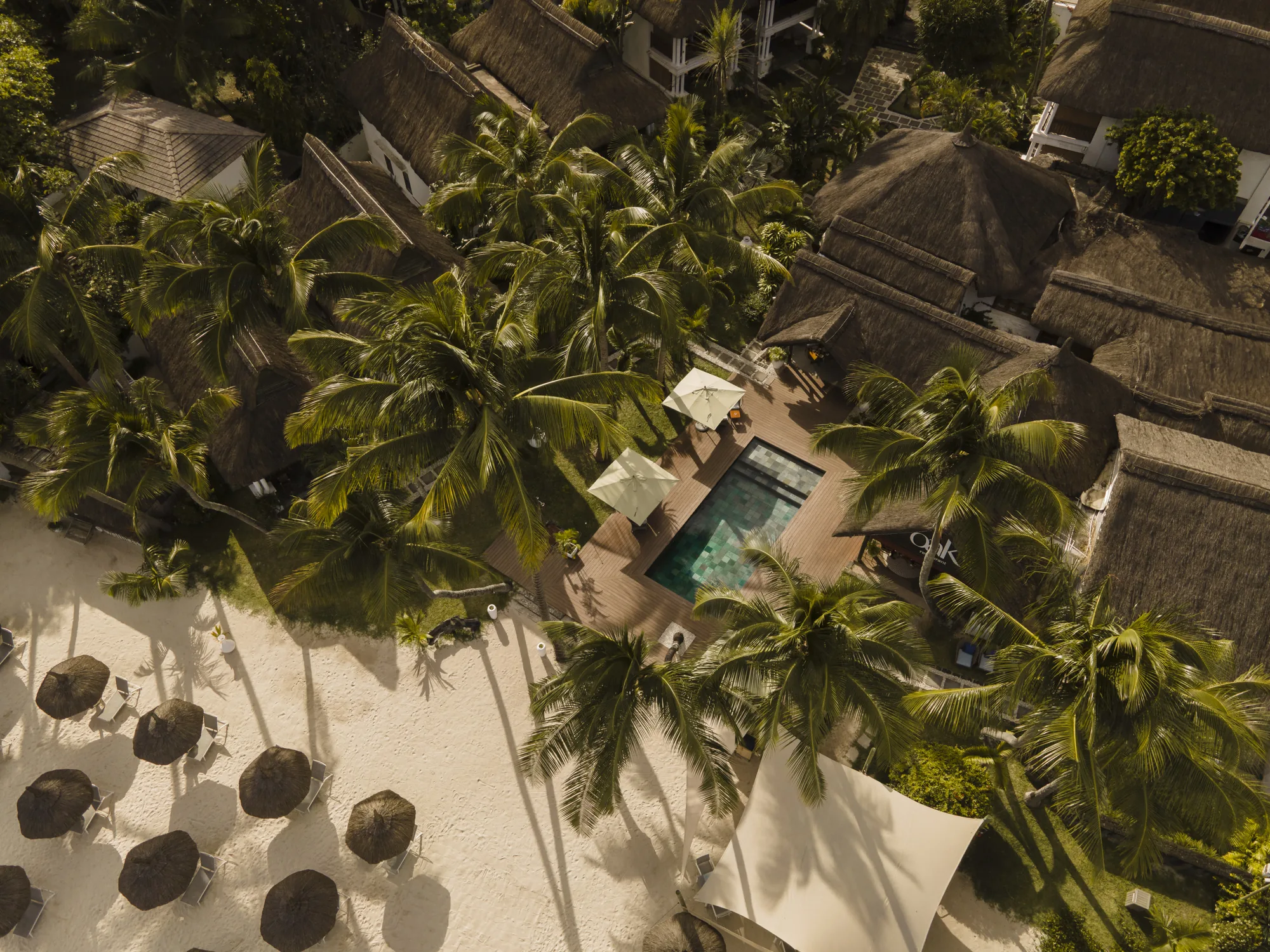Aerial view of thatched roofs, a small pool and parasols among palm trees