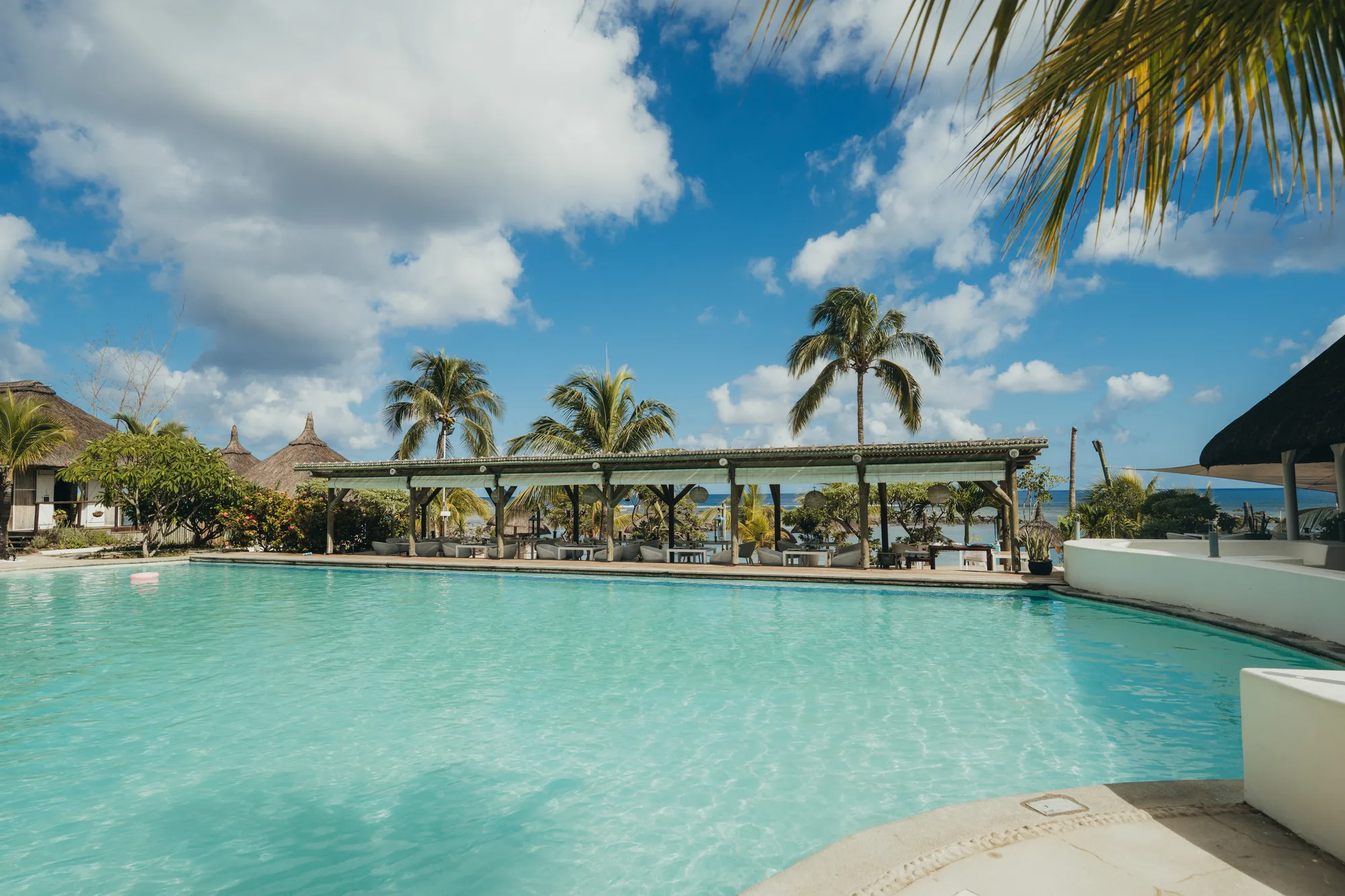 A large pool with palm trees and thatched buildings by the sea