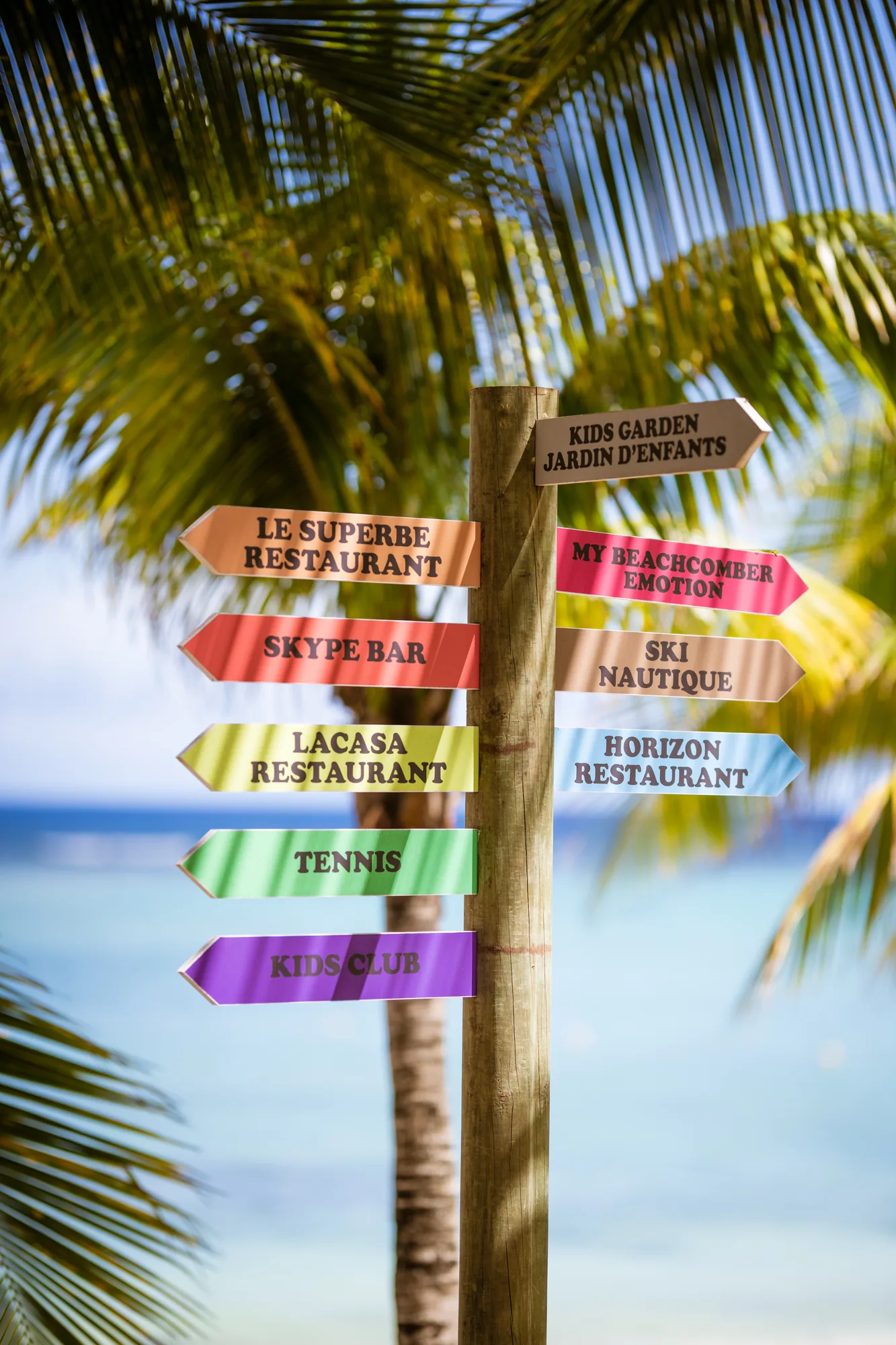A colourful signpost among palm trees pointing to the restaurants and activities