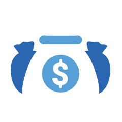 A stylized icon depicting three bags of money, the one front and center having a dollar sign on it.