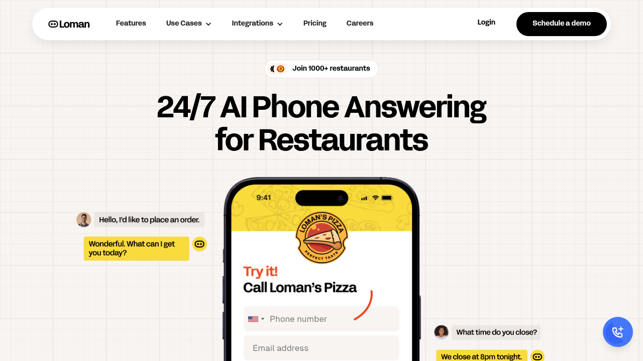 Loman AI homepage showcasing complete restaurant phone ordering automation solution with POS integration features