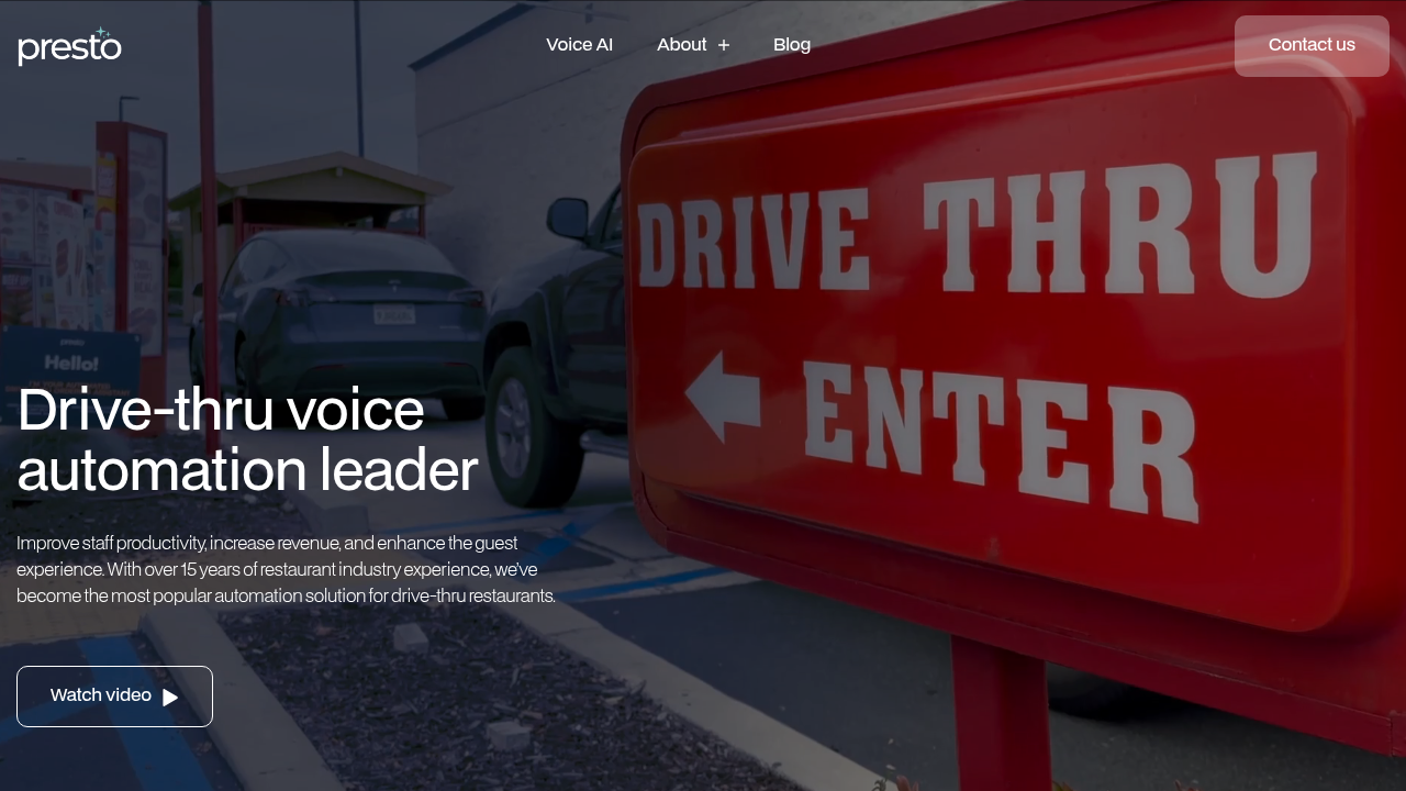 Presto drive-thru automation system website showing voice ordering technology for quick-service restaurant chains