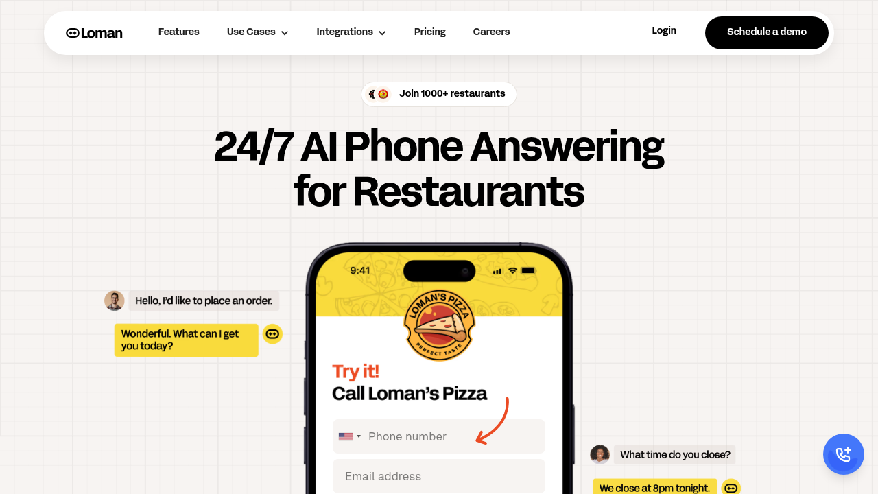 Loman AI homepage screenshot showcasing complete restaurant voice AI solution with order processing and reservation management features