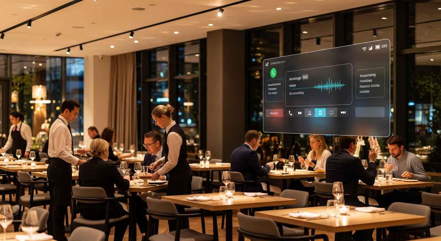 Modern restaurant interior during busy dinner service, with servers attending to seated guests at tables while a sleek futuristic phone system interface hovers subtly in the background, showing incoming call waves being managed automatically. Warm ambient lighting, professional photography style, focus on attentive service and calm efficient atmosphere, no text or letters visible