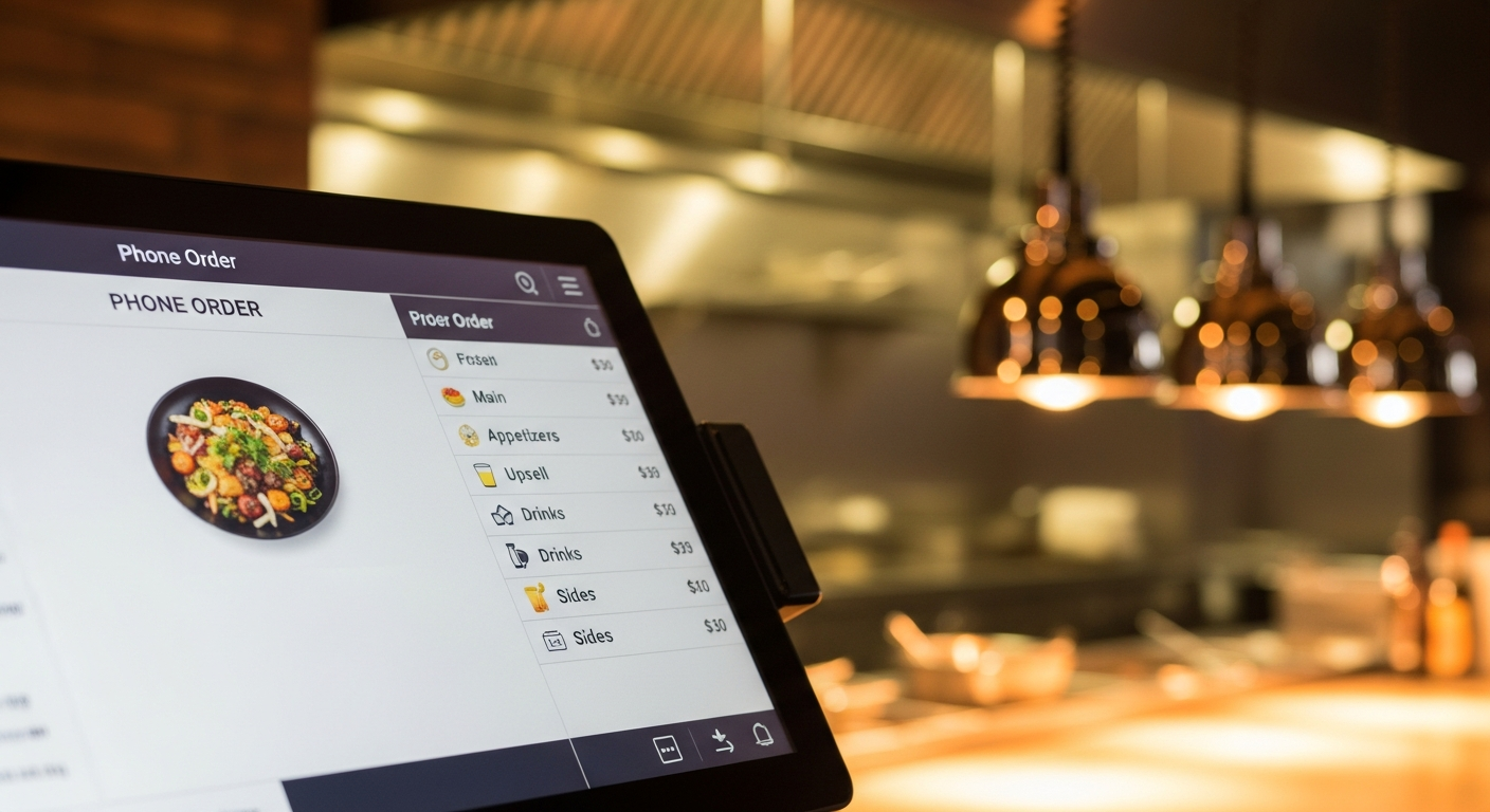Restaurant point of sale screen showing a phone order with upsell items added, close-up view of digital order ticket with appetizers, drinks, and sides being added to a main dish order, modern POS interface in warm restaurant lighting, professional photography style, sharp focus on screen details, realistic restaurant kitchen background slightly blurred