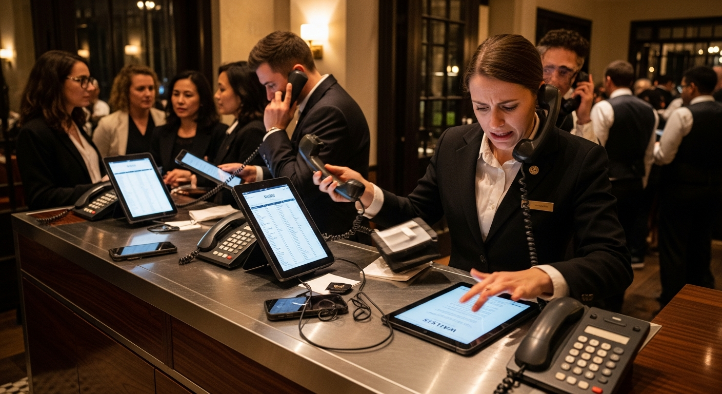 Modern restaurant host stand during busy dinner service, with multiple phone lines ringing, harried staff juggling tablets and phones, guests waiting at entrance, warm ambient lighting, professional photography style, showing the chaos of peak service hours in an upscale restaurant setting