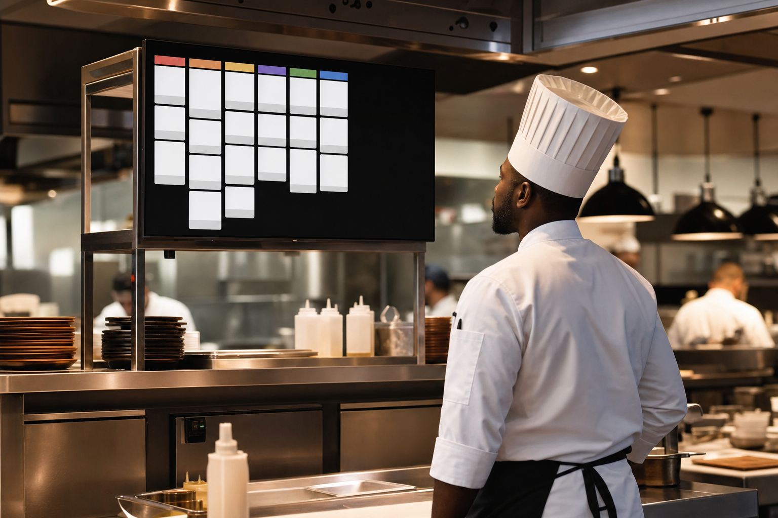 Modern restaurant kitchen with a digital kitchen display system (KDS) showing order tickets on a bright screen, chef in professional whites reviewing orders, clean stainless steel prep station, organized workflow, warm professional lighting, realistic photography style