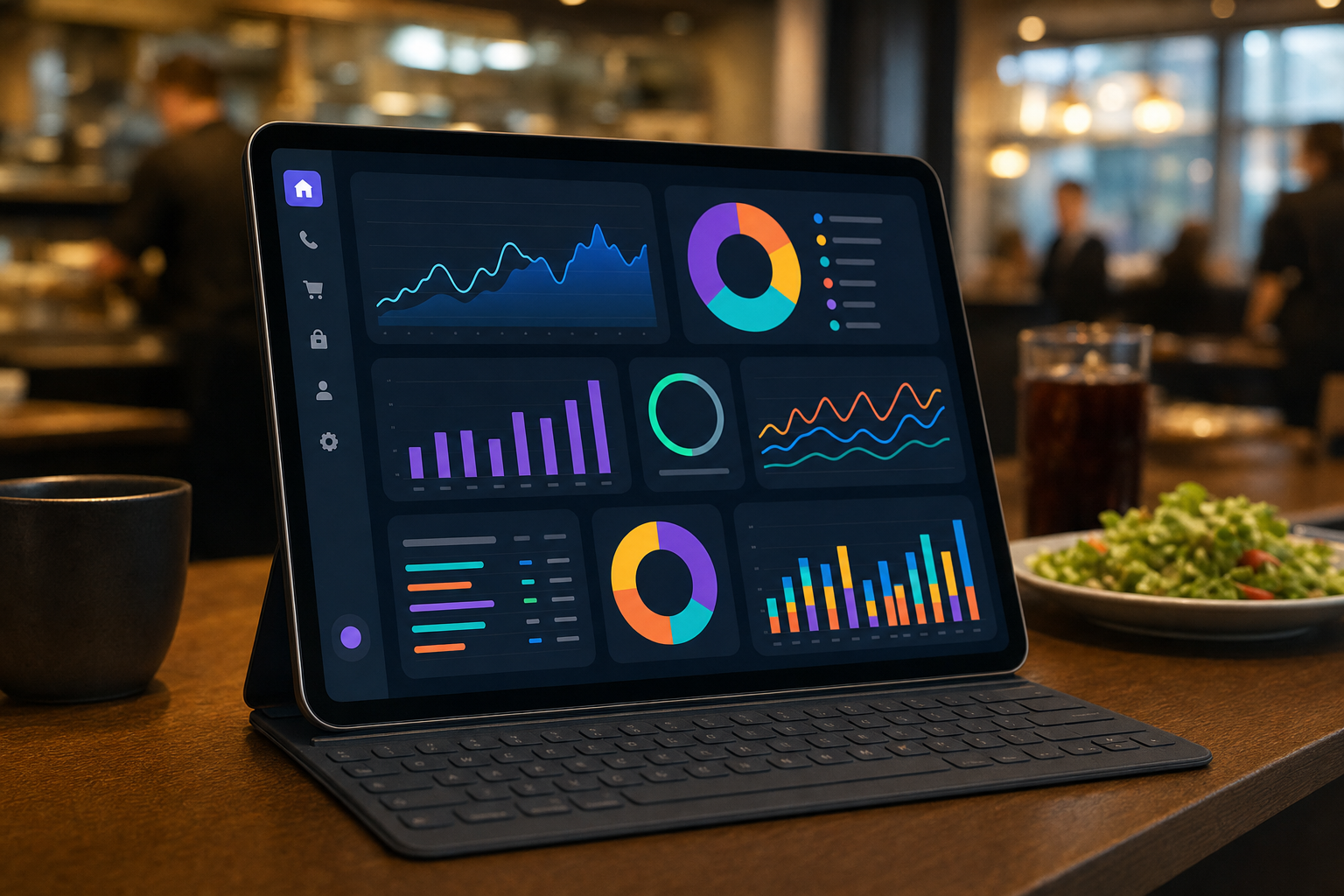 Modern restaurant analytics dashboard on a tablet or laptop screen showing colorful graphs and charts, call volume trends, peak hours bar chart, order pattern statistics, clean data visualization interface, professional business setting, warm lighting, realistic photography style
