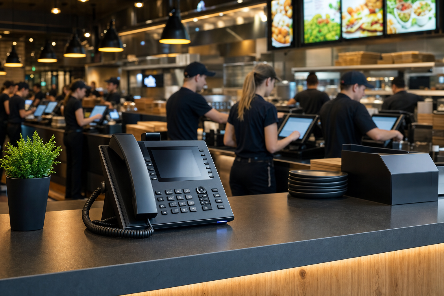 Modern restaurant interior with a sleek phone system on the counter, showing a busy quick-service restaurant during peak hours with staff working at POS terminals in the background, clean professional photography style, warm lighting, focus on technology integration in food service environment