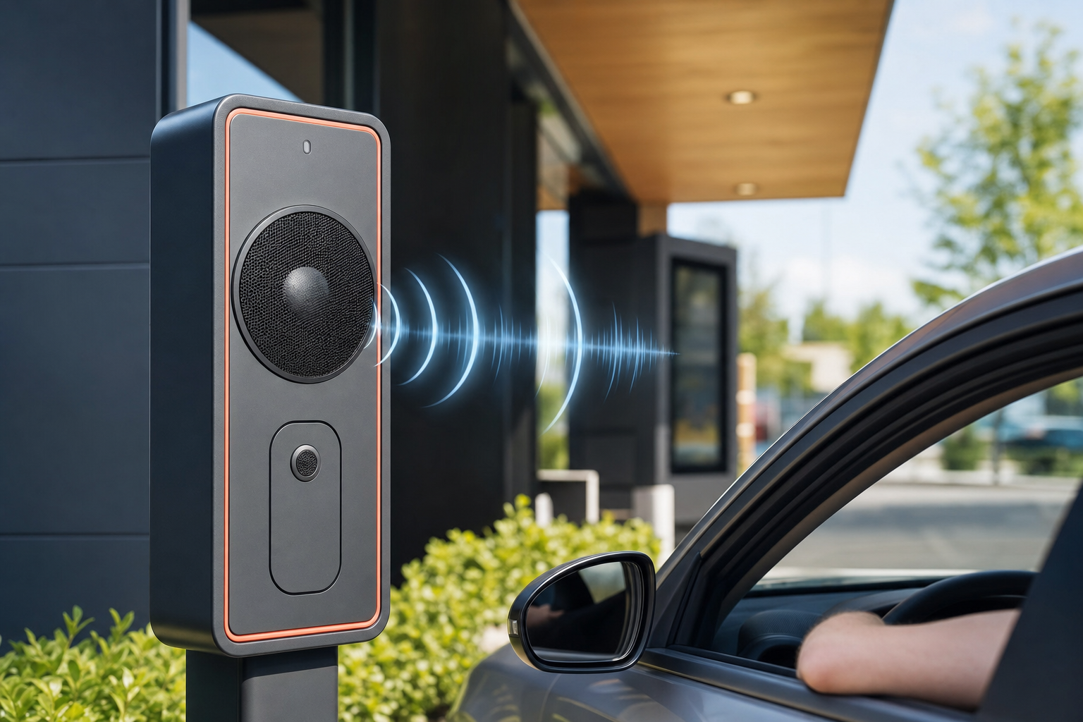 Modern fast food drive-thru speaker post with microphone capturing customer voice, clean minimalist design showing sound waves or audio visualization emanating from the speaker, sleek technology aesthetic, bright daylight, professional commercial photography style, focus on the speaker hardware and ordering system