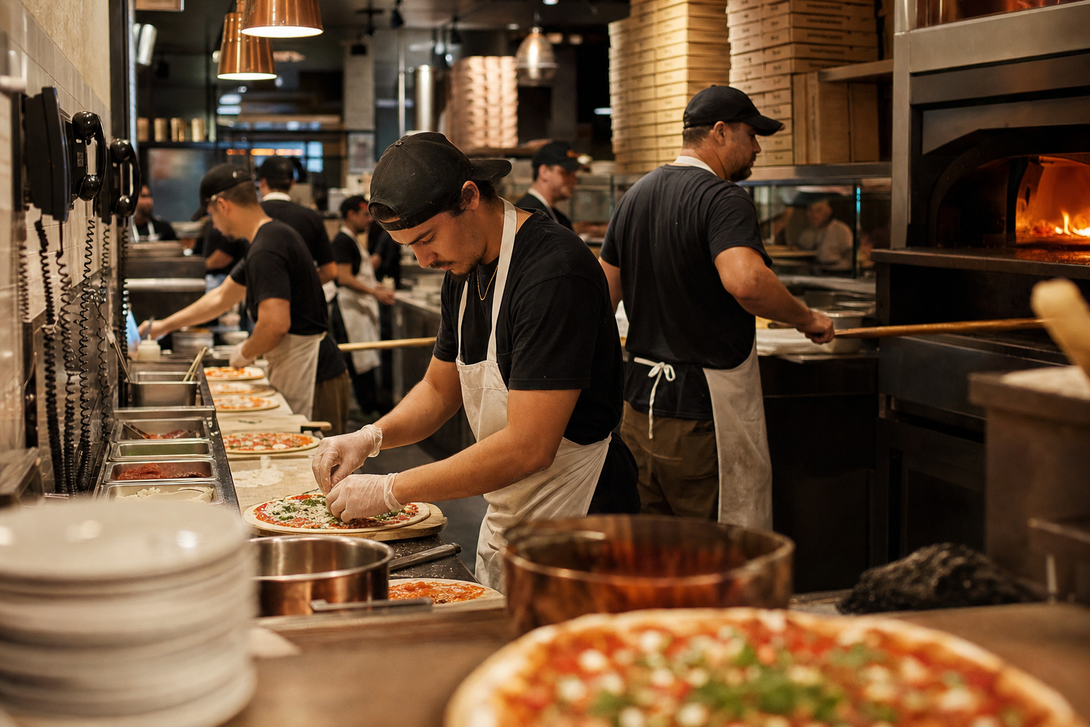A busy pizzeria kitchen during dinner rush hour, with staff working at the counter and pizza ovens, phones ringing on the wall, warm lighting, realistic restaurant interior, professional photography style, showing the organized chaos of a successful pizza restaurant at peak hours