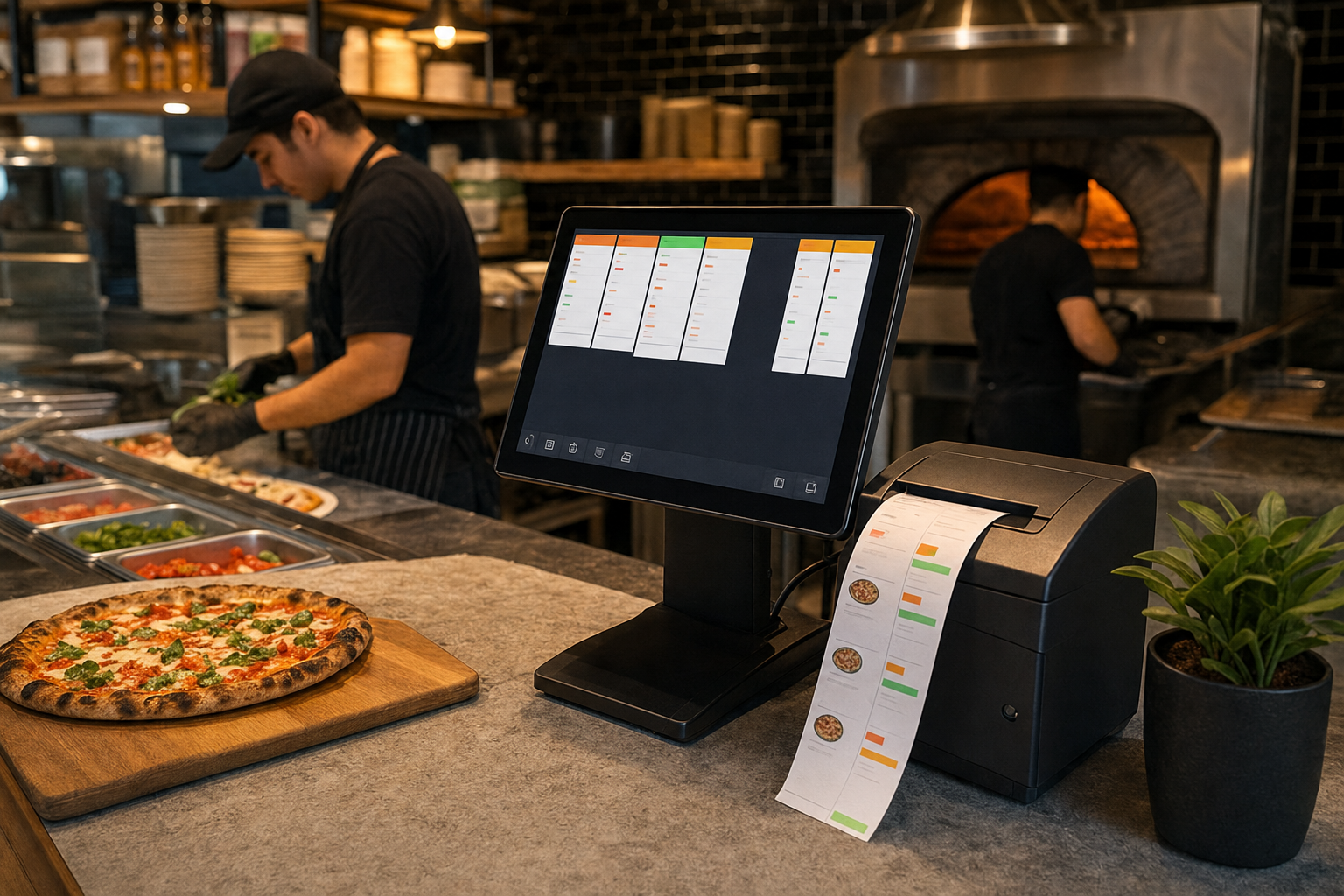 Modern pizzeria kitchen with digital POS system displaying order tickets on screen, clean kitchen prep station, pizza orders clearly visible on digital display monitor, professional restaurant equipment, organized workspace, warm interior lighting, realistic photography style, focus on the point-of-sale terminal and ticket printer with fresh orders