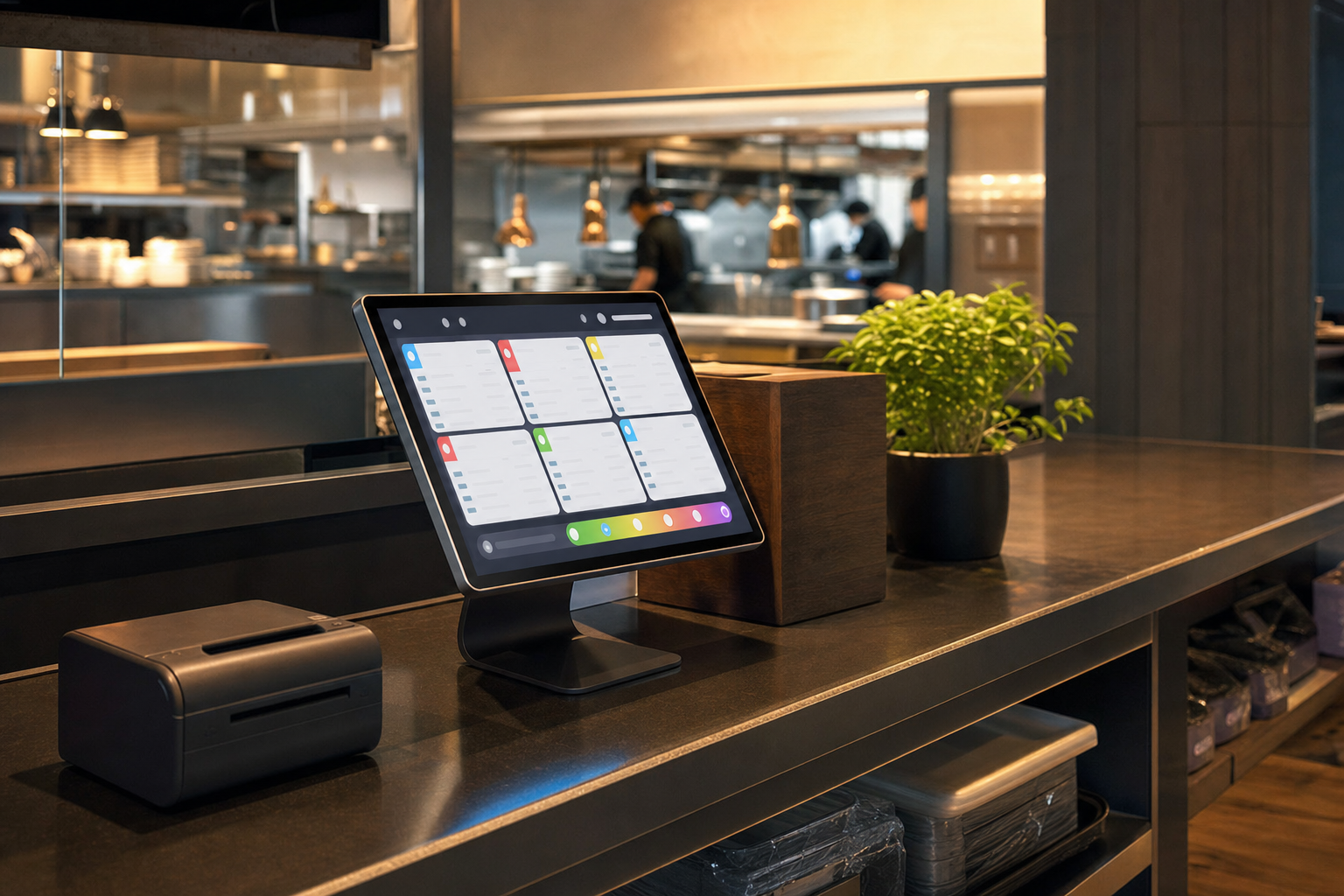 Modern restaurant back office with cloud-based point of sale system, sleek tablet display showing order dashboard, clean contemporary workspace, warm lighting, professional restaurant management technology, realistic photography style