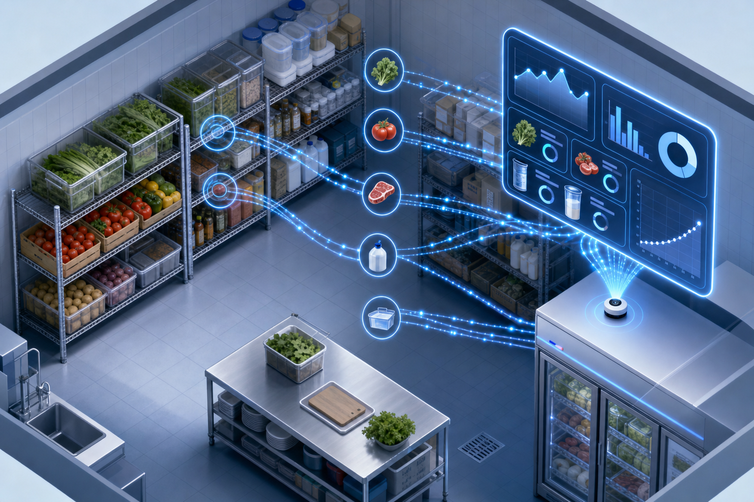 Professional restaurant storage room with organized shelves of fresh ingredients and supplies, overlaid with subtle holographic data visualization showing inventory levels and predictive analytics, clean modern illustration style, blue and white color scheme, isometric view showing AI monitoring stock levels with flowing data streams connecting ingredients to a digital dashboard, restaurant back-of-house setting