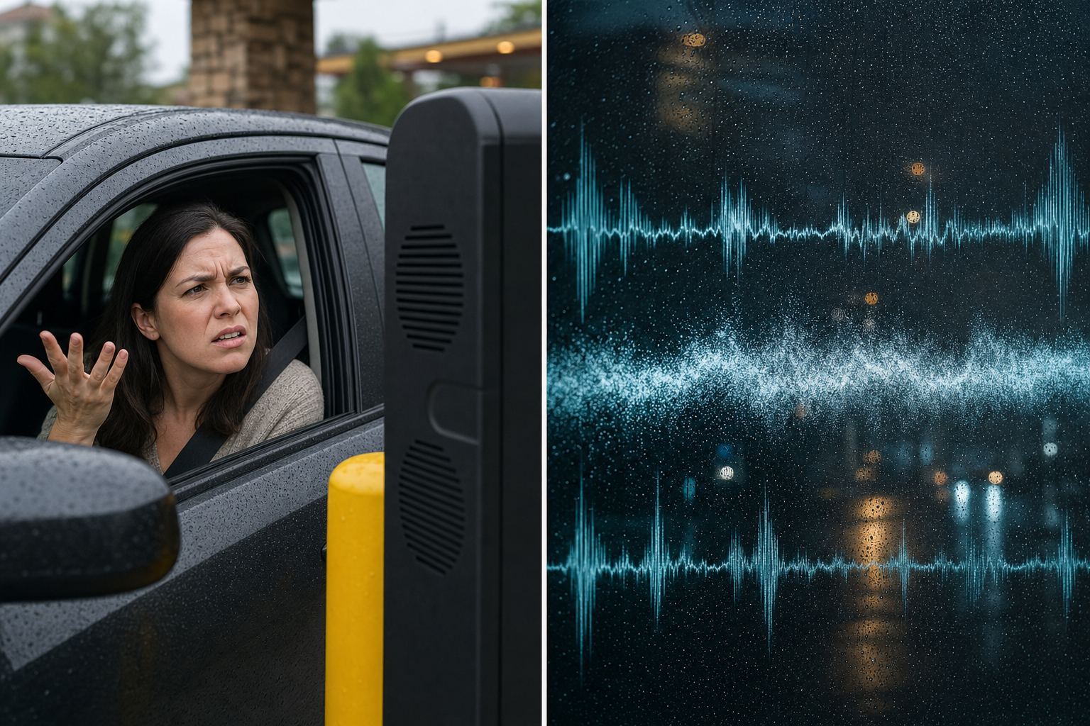 Split-screen comparison showing AI drive-through challenges: left side shows frustrated customer in car at drive-through speaker with confused expression, right side shows distorted audio waveforms and noise interference patterns representing poor voice recognition, rainy weather conditions, commercial photography style, realistic restaurant setting, documentary feel