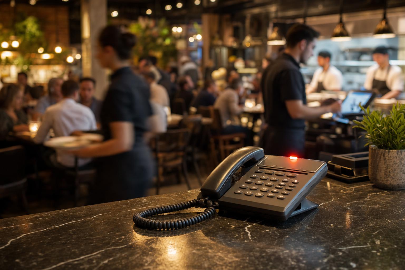 A busy restaurant interior during dinner rush hour, showing a ringing phone on the counter in the foreground while staff members are occupied serving customers at tables and handling orders at the register in the background. Warm lighting, motion blur suggesting activity, professional restaurant photography style, shallow depth of field with phone in sharp focus.