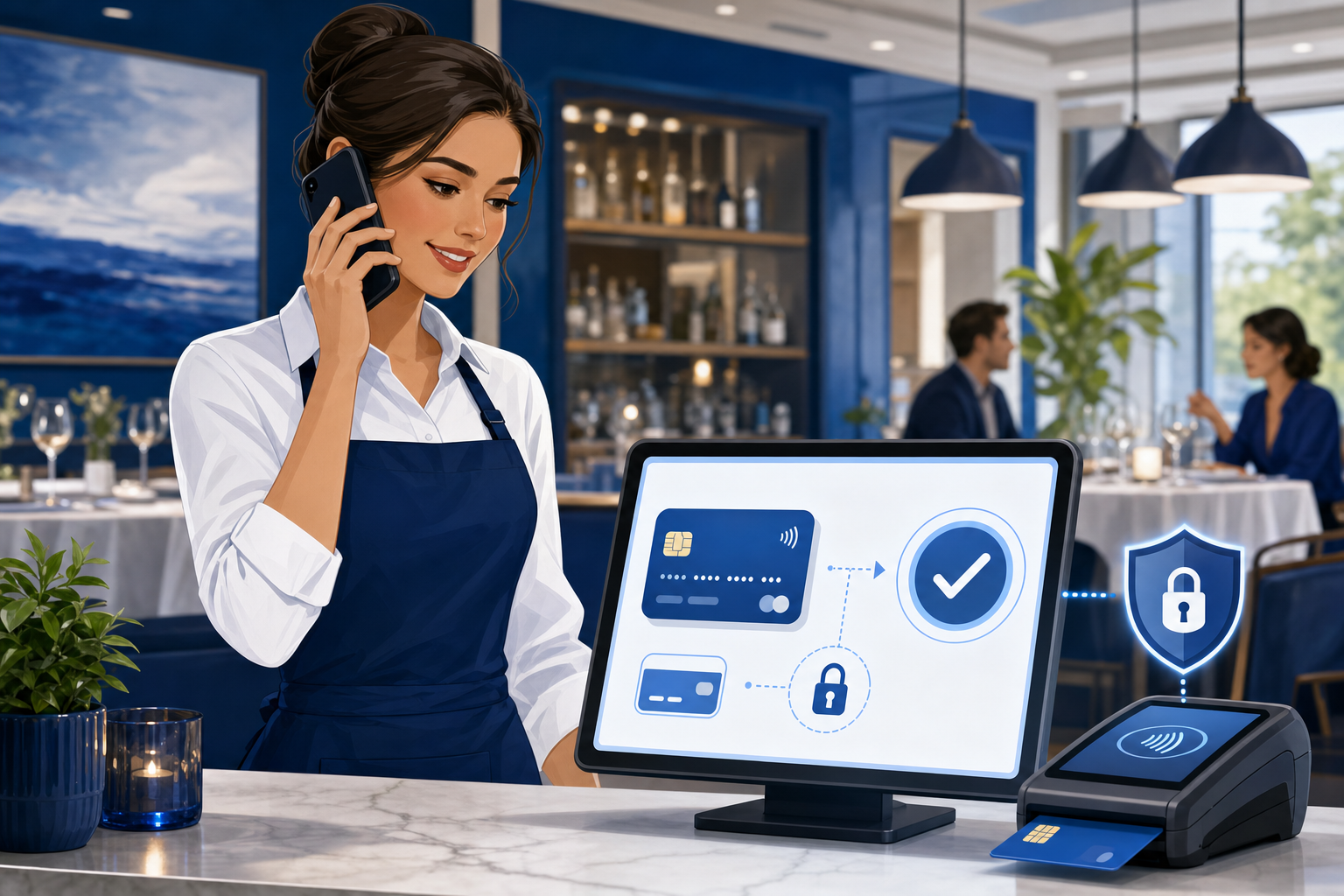 A clean, modern illustration showing a restaurant server or staff member holding a phone to their ear while a secure payment processing interface displays on a nearby tablet or screen. The scene should show credit card symbols, a checkmark or completion indicator, and subtle payment flow elements like secure lock icons. Professional blue and white color scheme with a restaurant background. The illustration should convey secure, real-time payment processing during a phone call in a restaurant setting.