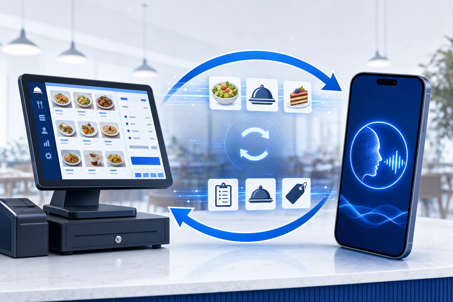 A clean, modern illustration showing a restaurant point-of-sale system terminal on one side and a smartphone with AI voice waves on the other side, with bidirectional arrows flowing between them carrying menu items, orders, and pricing data. The scene should convey real-time data synchronization in a restaurant technology context, with a professional blue and white color scheme. No text or words in the image.