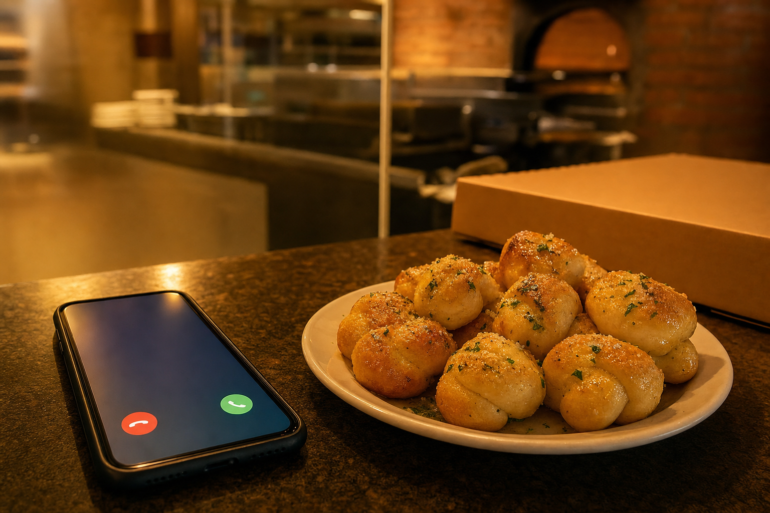 A close-up of a restaurant counter with a glowing smartphone showing an incoming call, next to a warm plate of garlic knots and a pizza box, soft golden ambient lighting, suggesting an upsell moment during a phone order, photorealistic style, no people visible