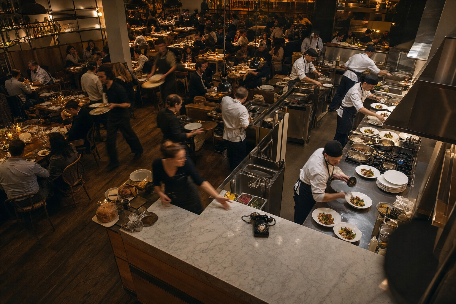 A bustling restaurant kitchen and front-of-house during dinner rush, warm golden lighting, multiple staff members simultaneously handling tables, plating dishes, and rushing past a ringing telephone on the counter that no one can reach, overhead view showing the organized chaos of a packed restaurant at peak hours, photorealistic style
