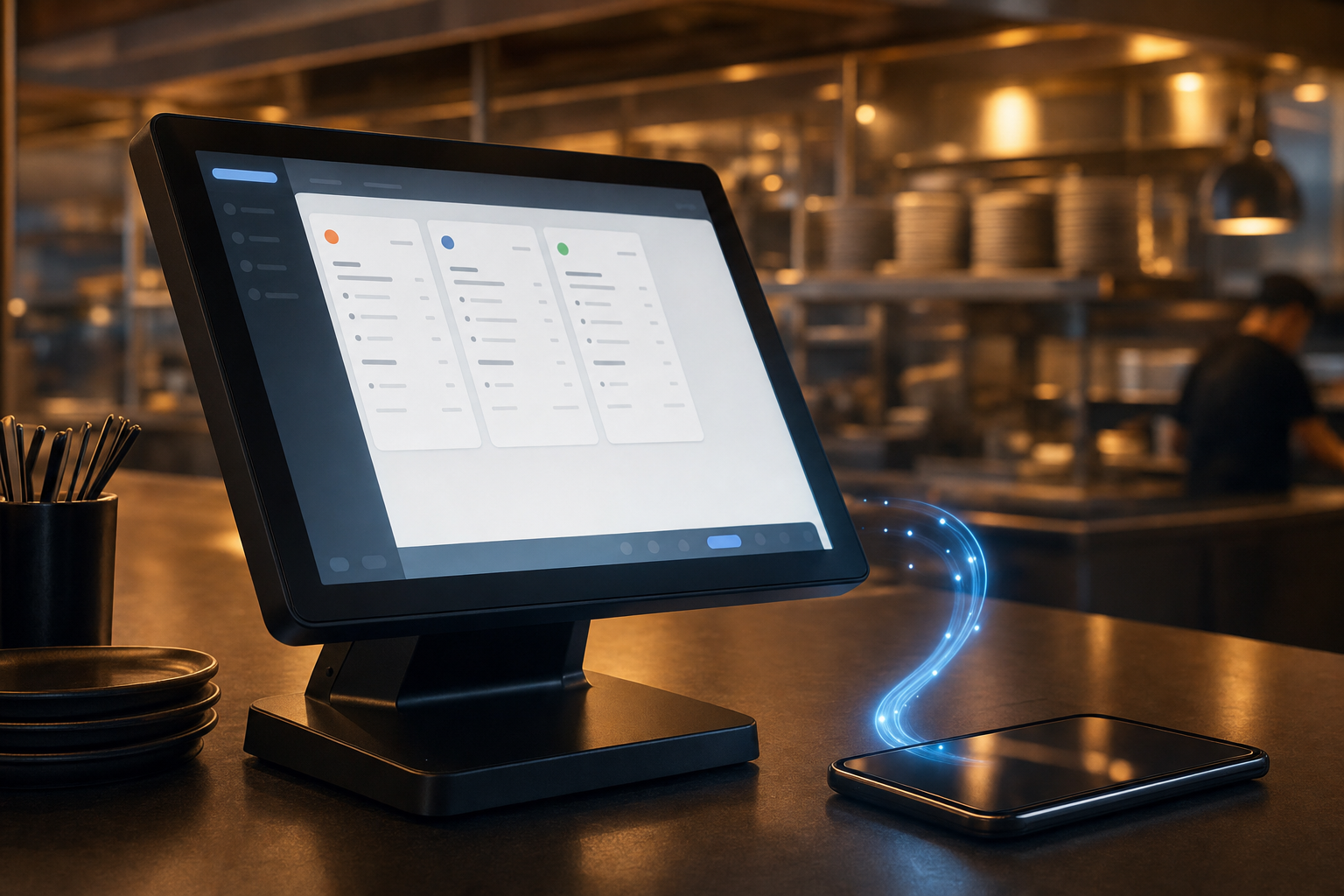 A close-up view of a modern restaurant POS touchscreen terminal on a counter, glowing with a clean order ticket on screen, next to a sleek smartphone, connected by a soft glowing blue data flow line between them, warm restaurant ambient lighting in the background with blurred kitchen shelves, cinematic documentary style, amber and cool blue tones, no text or signage