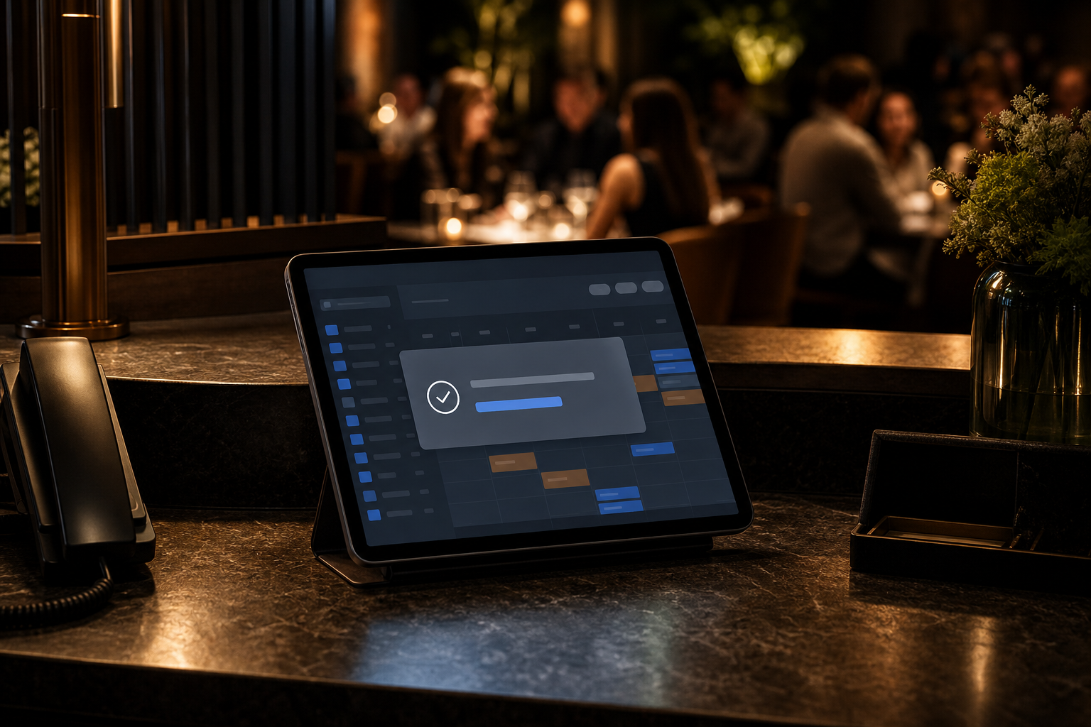 A close-up of a restaurant host stand at night, a sleek tablet displaying a reservation management dashboard with a new booking confirmation appearing on screen, warm ambient restaurant lighting in the background with blurred guests dining, a phone receiver nearby, photorealistic style, no text or signage visible
