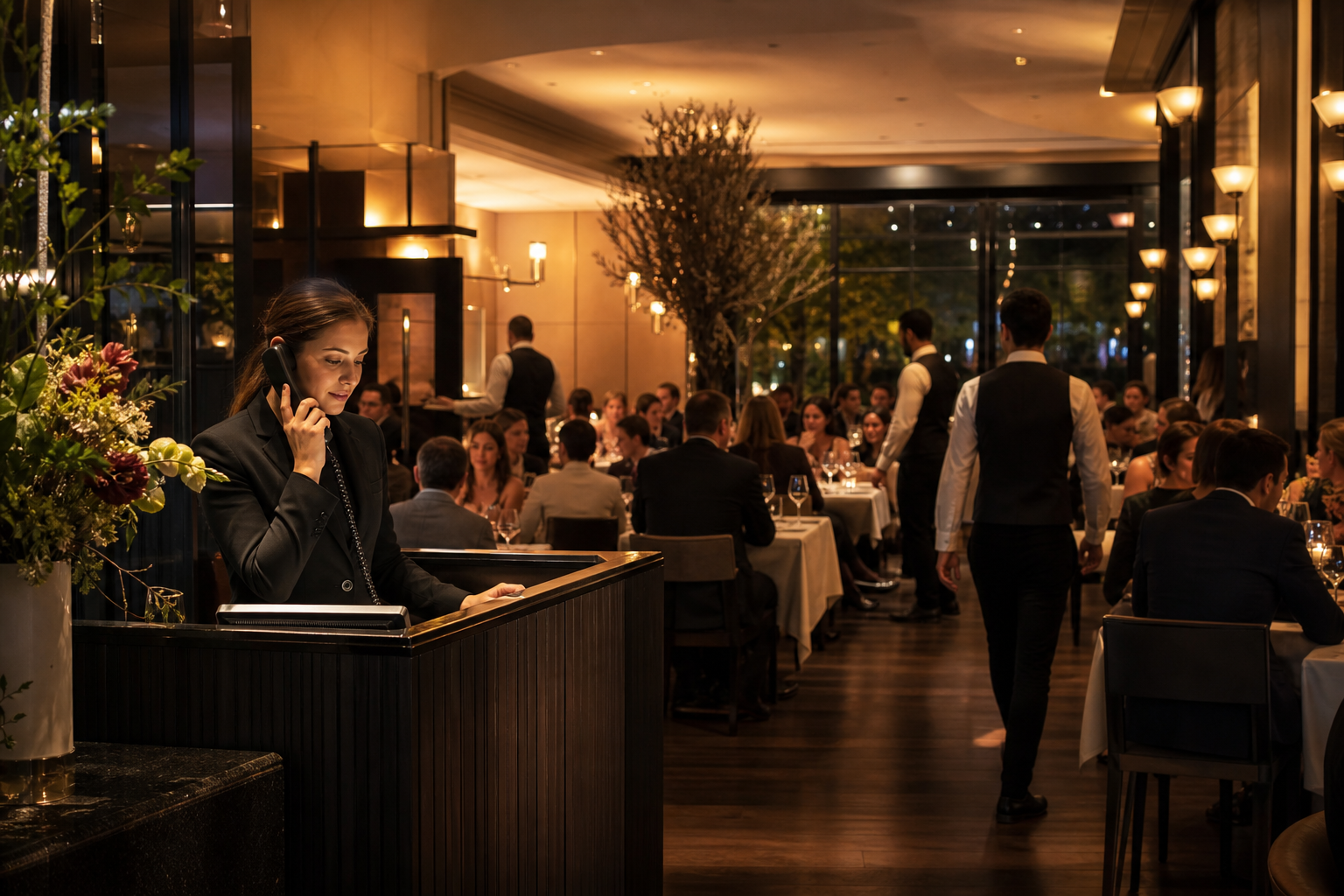 A busy upscale restaurant dining room during evening service, warm amber lighting, tables filled with guests, a host at the front stand calmly handling a phone call while servers move gracefully between tables in the background, photorealistic style, no text or signage visible