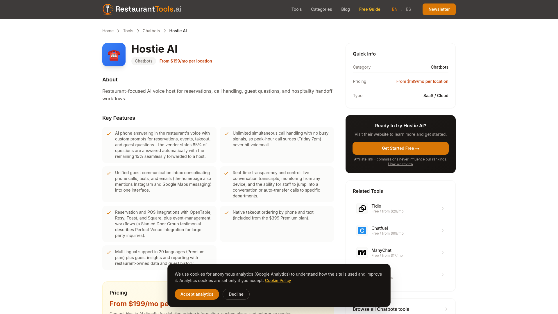 Screenshot of https://restauranttools.ai/tools/hostie-ai