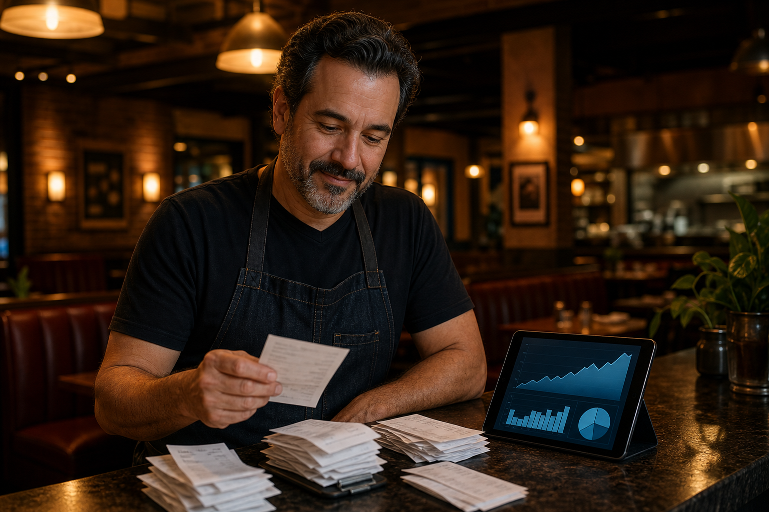 A restaurant owner reviewing end-of-day financial reports at a counter, warm overhead lighting, stacks of receipts and a tablet showing graphs of rising revenue, cozy restaurant interior in the background with booths and dim lighting, no text no words no letters