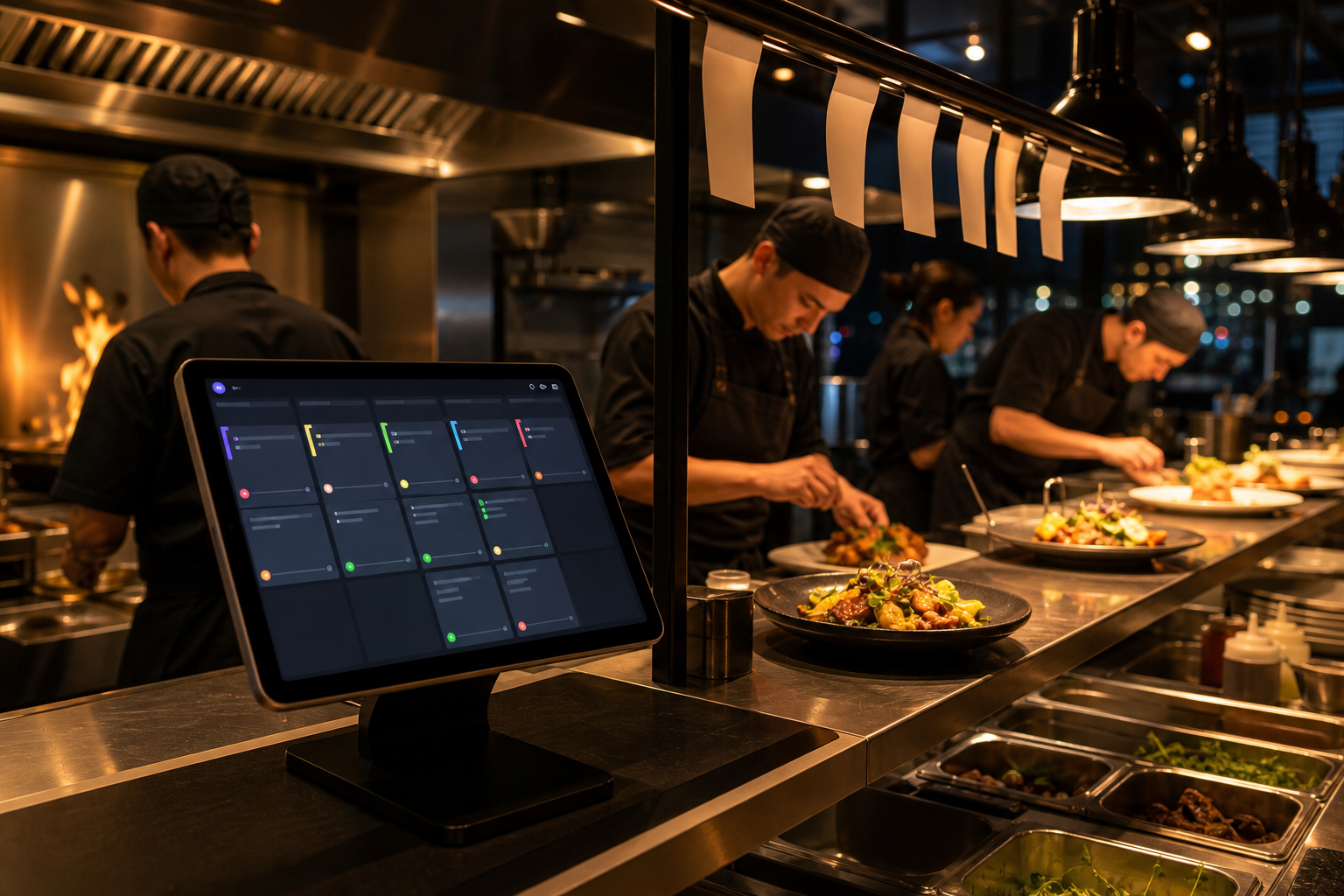 A sleek modern restaurant kitchen scene at night, warm ambient lighting, a glowing tablet or touchscreen POS display mounted on a counter showing a digital order ticket, with a busy kitchen visible in the background — line cooks in action, stainless steel surfaces, ticket rail with hanging paper tickets, vibrant plated dishes being prepared, no text or words anywhere