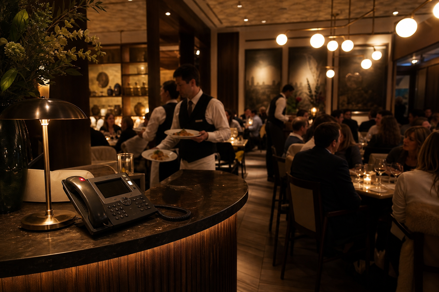 A busy upscale restaurant during Saturday dinner service, warm ambient lighting, host stand in the foreground with a ringing phone left unanswered, waitstaff carrying plates in the background, full tables of diners, moody restaurant atmosphere with soft golden tones, photorealistic style, no people looking at the camera