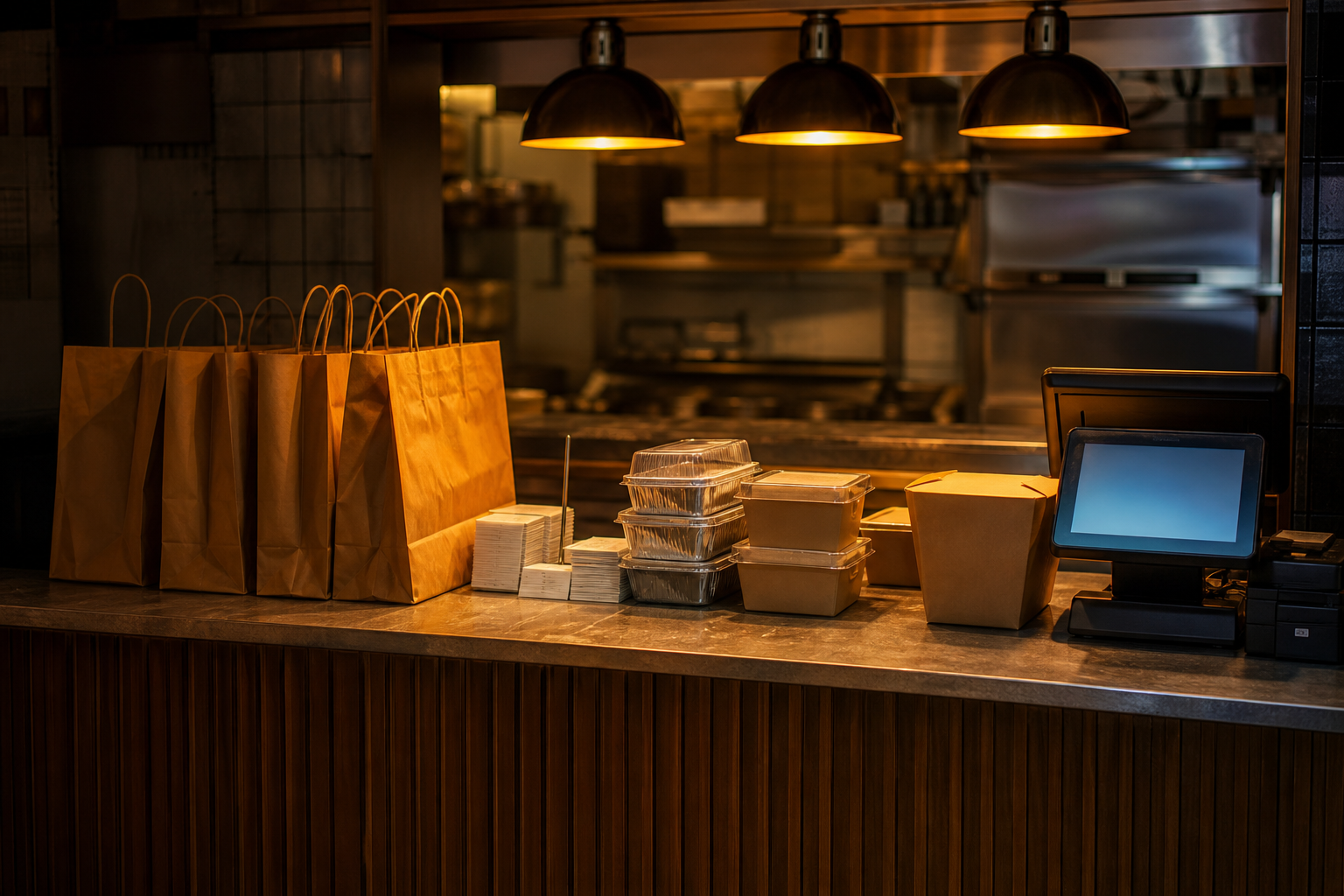 A close-up of a restaurant takeout counter at night, warm kitchen light spilling over neatly packed to-go bags and containers ready for pickup, a POS terminal glowing on the counter, stacks of receipts, no staff visible — conveying a fully handled phone order flowing directly to the kitchen without a middleman, photorealistic style, rich amber and dark tones, depth of field blur on background kitchen