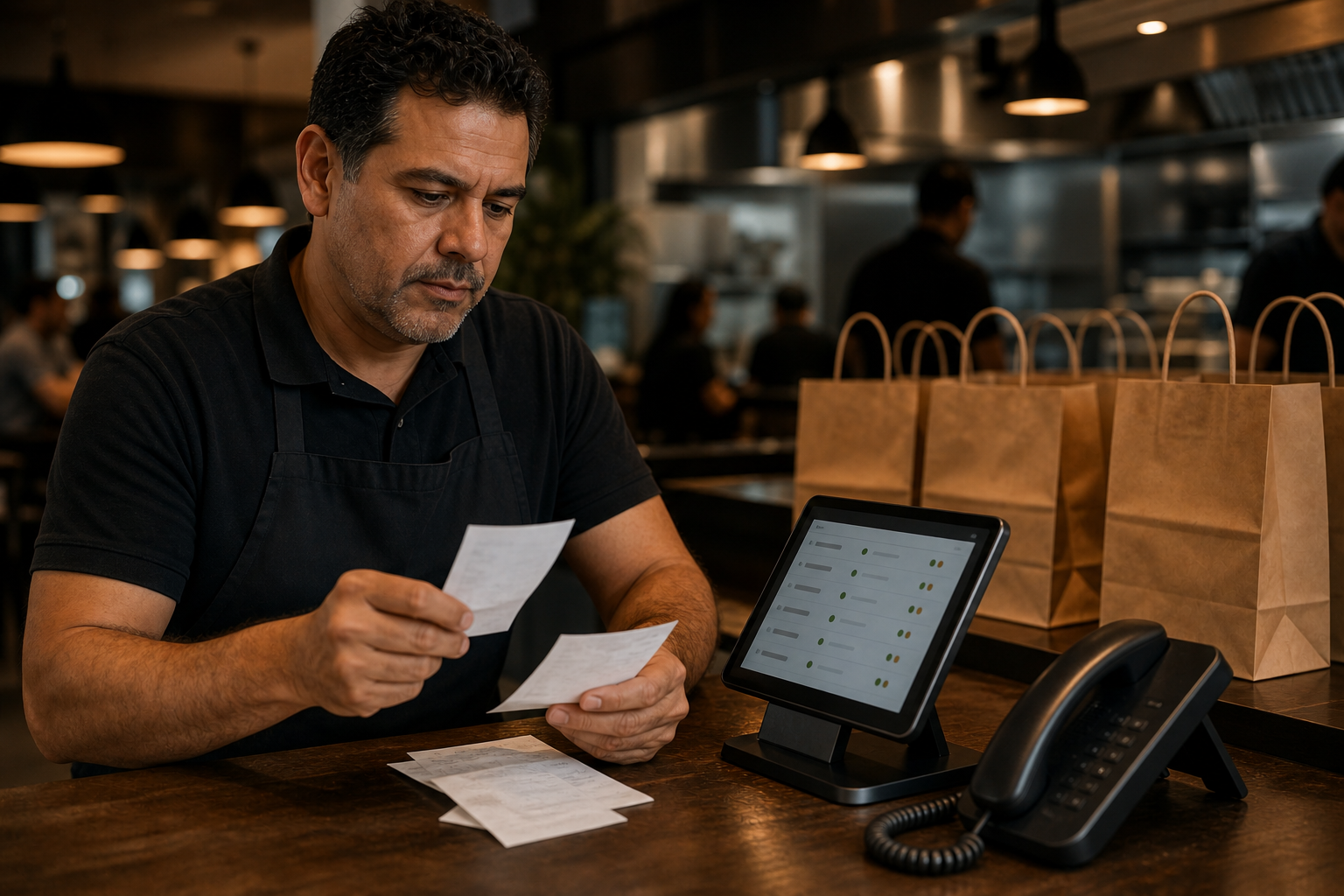 A photorealistic close-up of a restaurant owner at a counter reviewing paper receipts and a tablet showing an order dashboard, with a phone handset resting nearby. Warm interior lighting, a stack of takeout bags ready for pickup on the counter behind them, conveying steady direct phone-order revenue flowing into the business. Candid documentary style, shallow depth of field, no text, no words, no letters, no numbers, no signage.