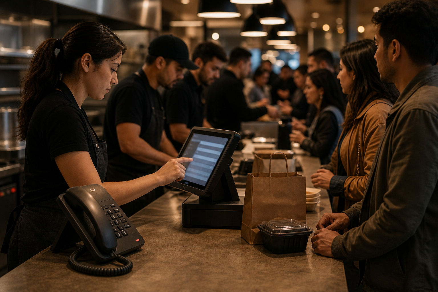 A bustling restaurant counter during a busy Friday dinner rush. Staff behind the counter are focused on ringing up a line of walk-in customers at a point-of-sale terminal, while a telephone sits ringing and unanswered nearby. Warm interior lighting, motion and energy in the scene, hands busy with orders and payment. Photorealistic, candid documentary style, no text or signage.