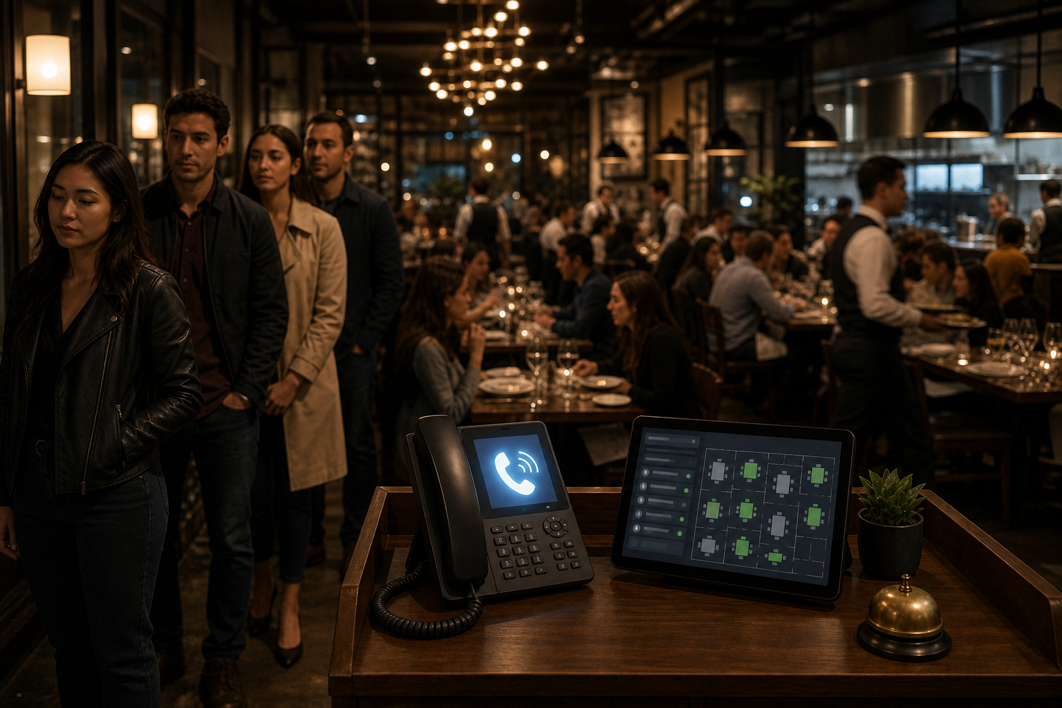 A busy upscale restaurant during a Friday dinner rush, viewed from behind the host stand. A line of four waiting guests stands at the entrance, servers move quickly between crowded tables in the warmly lit dining room. On the host stand, a telephone glows with an incoming call while no staff member is free to answer it. Cinematic, realistic photography style, warm ambient lighting, sense of controlled chaos and busyness.