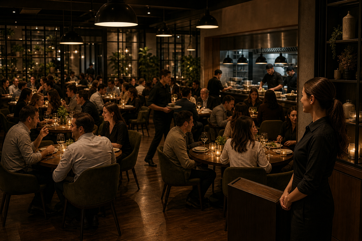 A calm, well-run upscale restaurant dining room during a busy evening service, viewed from a slightly elevated angle. Every table is occupied with seated guests enjoying meals, servers moving smoothly and confidently between full tables in warm ambient lighting. A relaxed host stands at the entrance greeting guests, no phone in hand, the space feeling profitable and under control. Cinematic realistic photography style, warm golden lighting, sense of a full house and steady revenue, no text or signage.